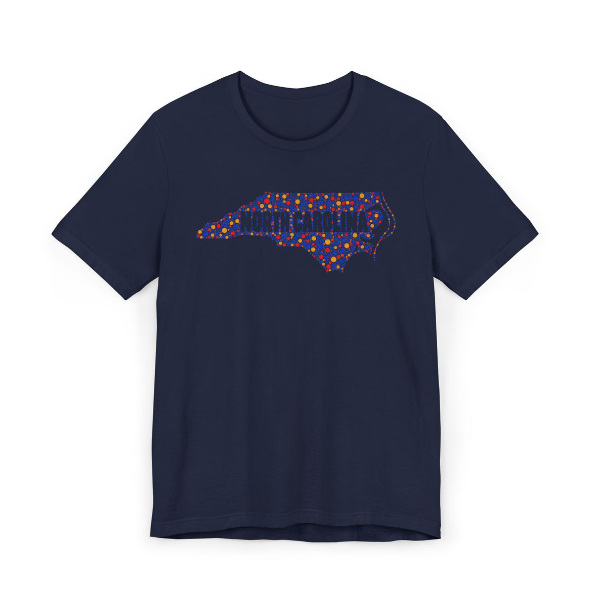 Navy crew-neck T-shirt with colorful North Carolina floral map graphic