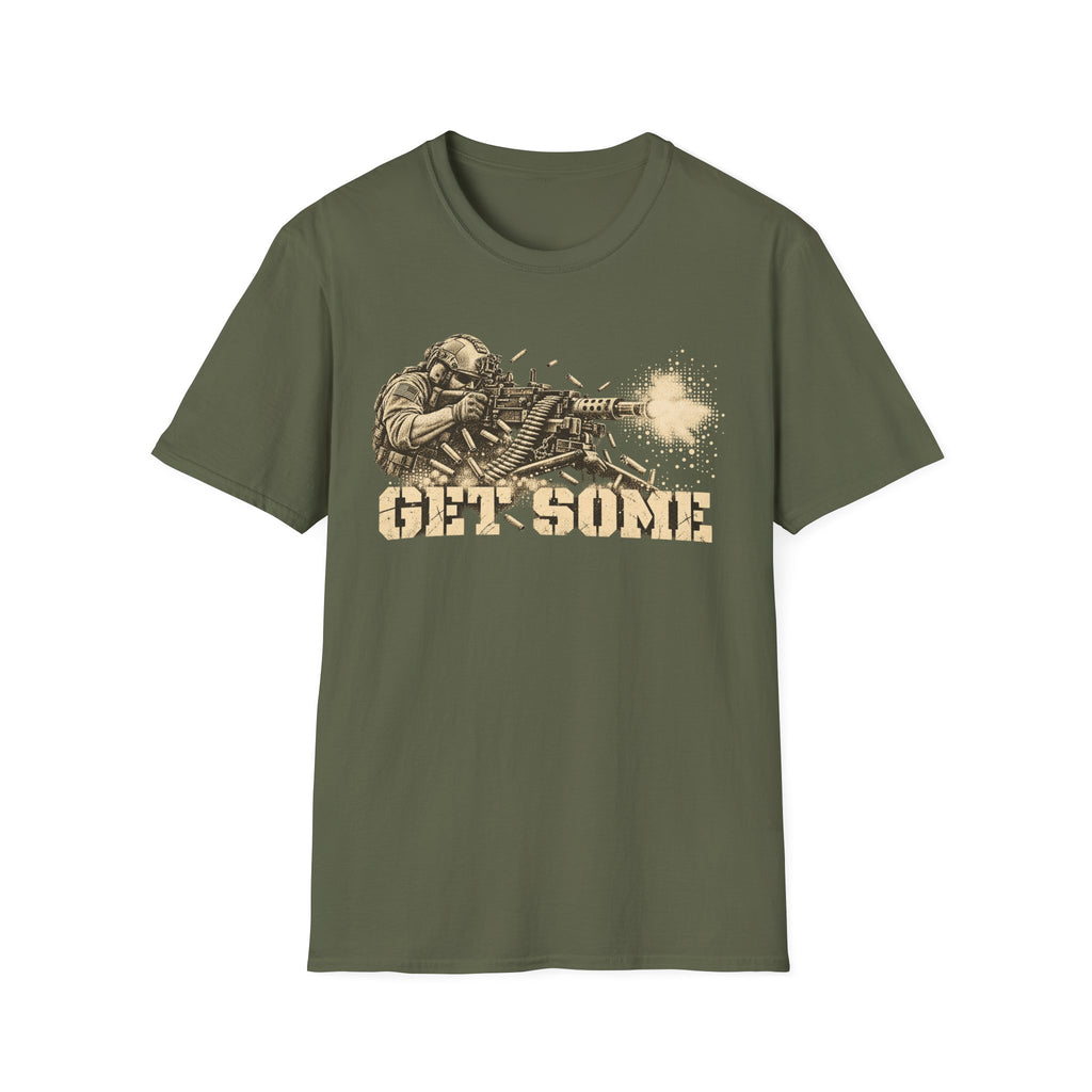 Green crewneck graphic T-shirt with vintage soldier and gun print