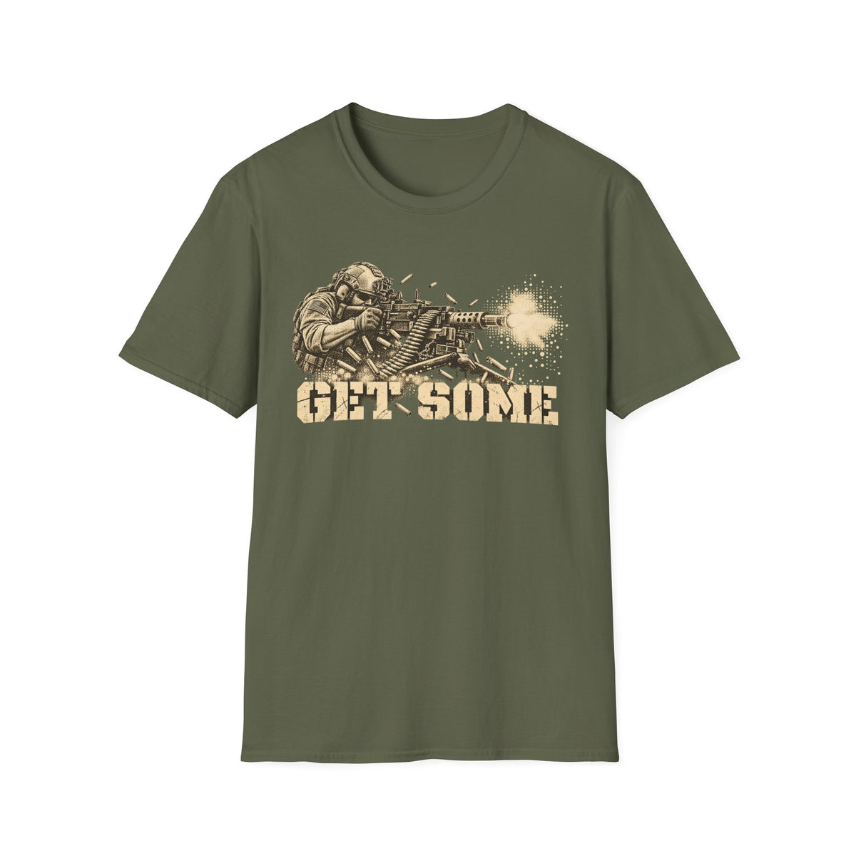 Green crewneck graphic T-shirt with vintage soldier and gun print
