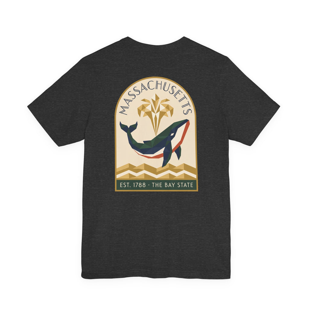 Dark gray T-shirt with whale and Massachusetts emblem graphic