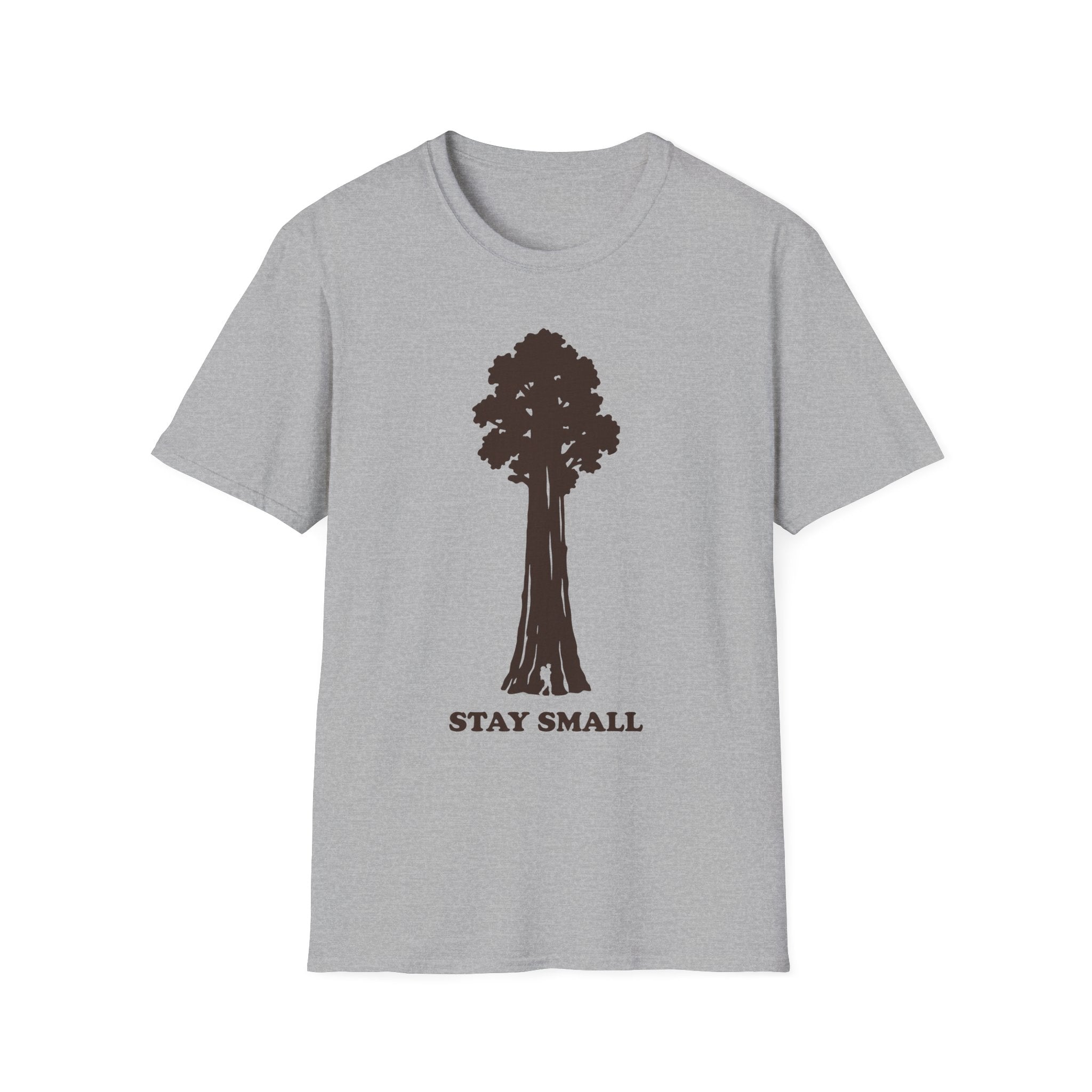 Stay Small T-Shirt, light gray with Sequoia tree graphic and 'STAY SMALL' text