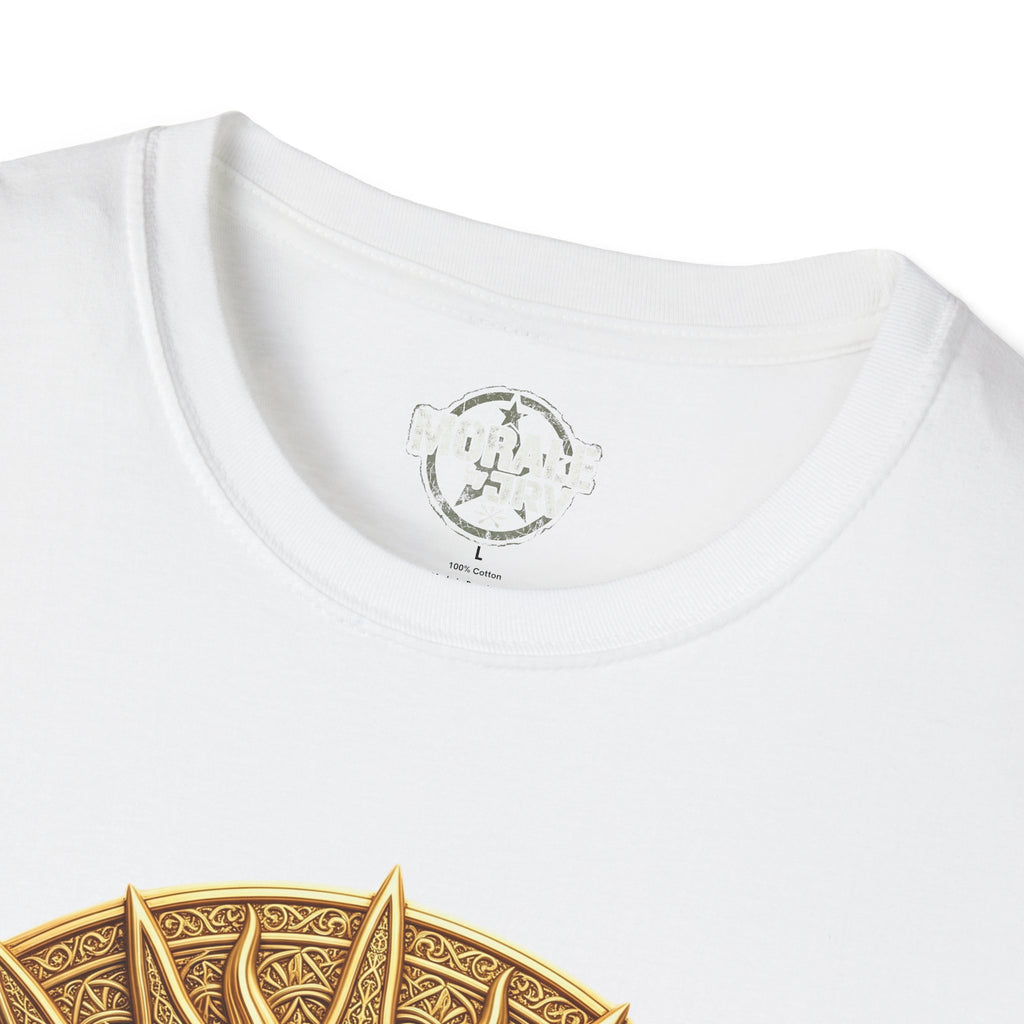 White T-shirt neckline with brand tag and partial bronze sun face medallion