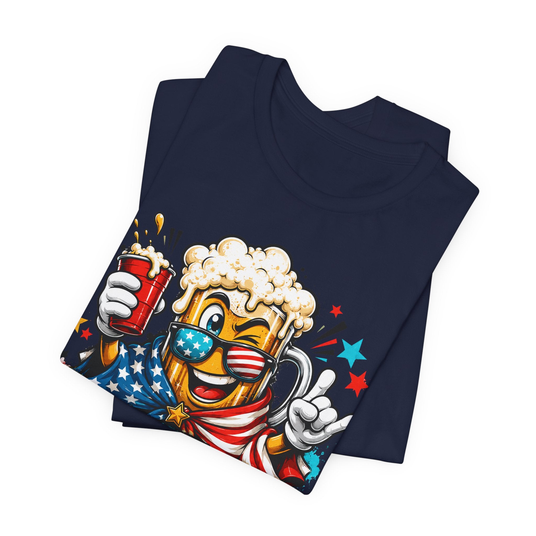 Navy crewneck T-shirt with beer mascot face graphic holding a red drink can.