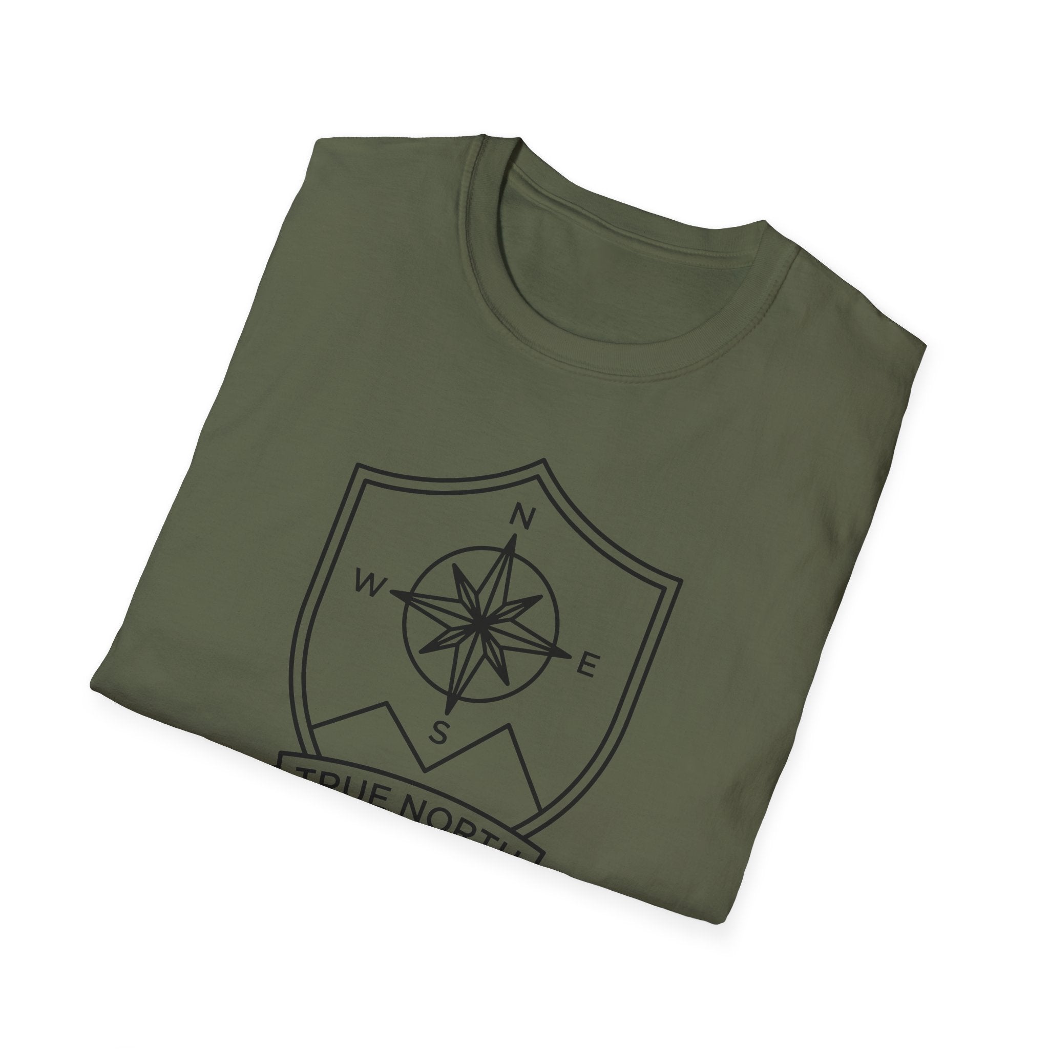 Olive green T-shirt with compass shield emblem printed on chest