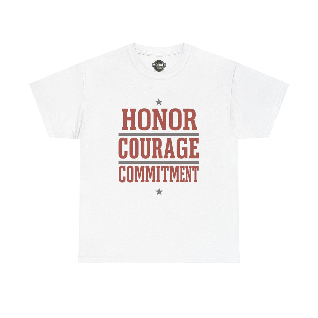 White crew-neck T-shirt with HONOR COURAGE COMMITMENT graphic and stars