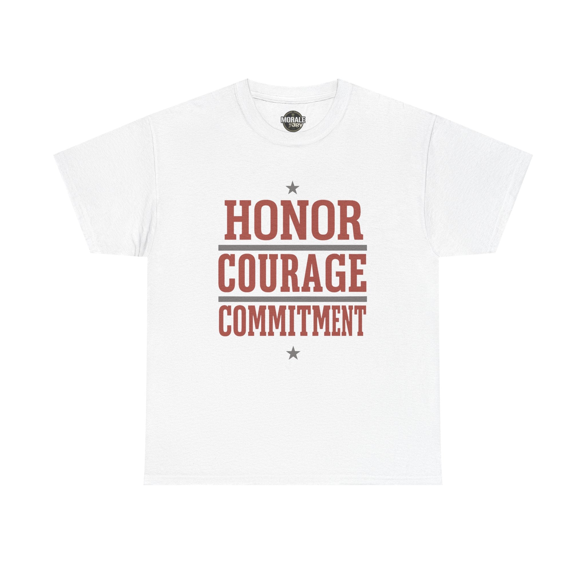 White crew-neck T-shirt with HONOR COURAGE COMMITMENT graphic and stars