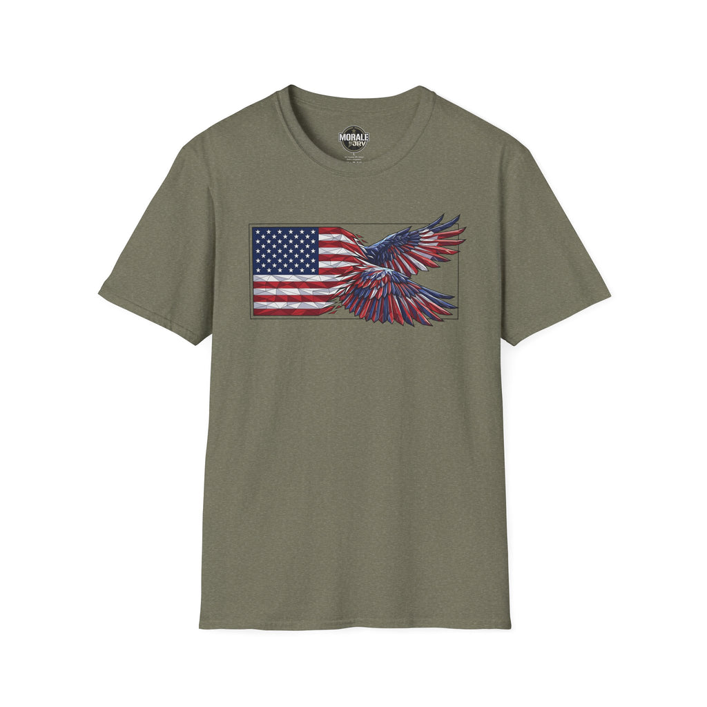 Patriotic eagle flag graphic T-shirt, military green with red-white-blue eagle