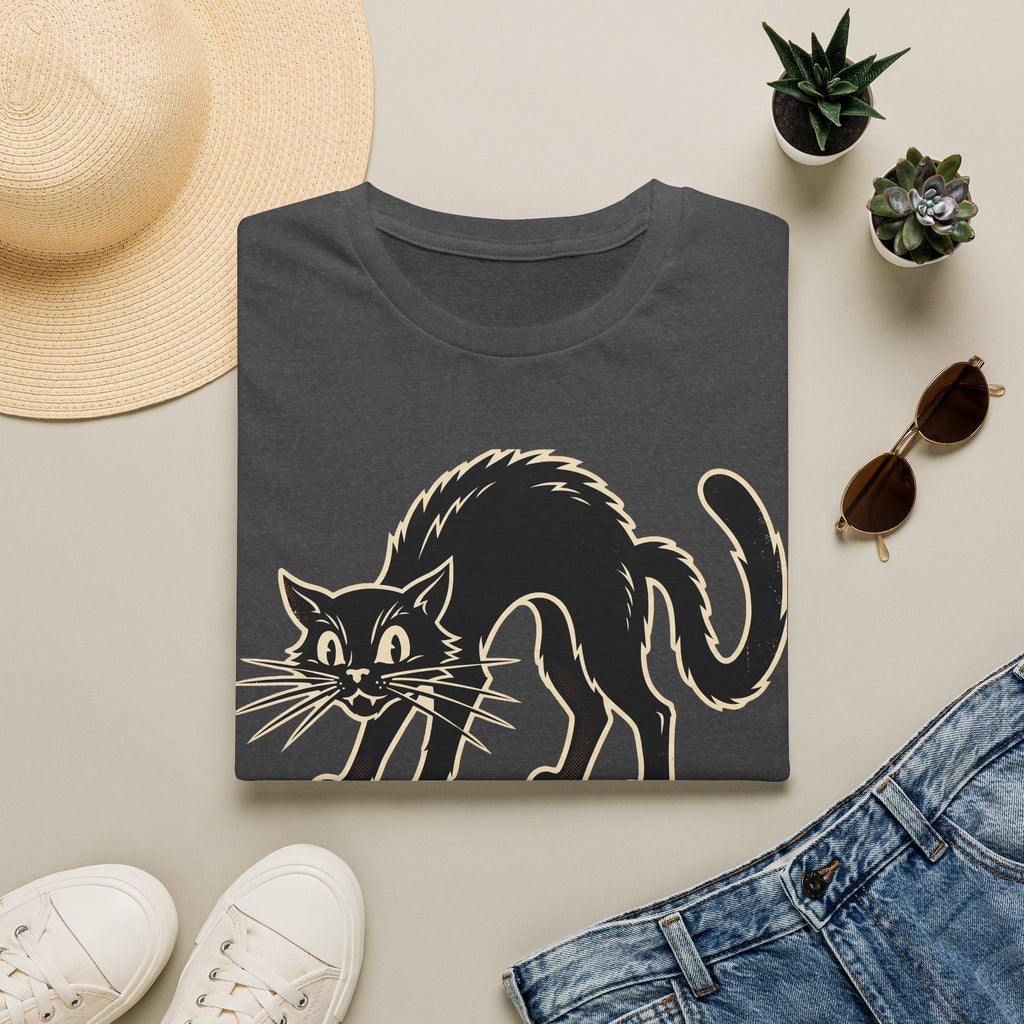 Charcoal crew-neck cat illustration T-shirt with black Halloween cat graphic on front.