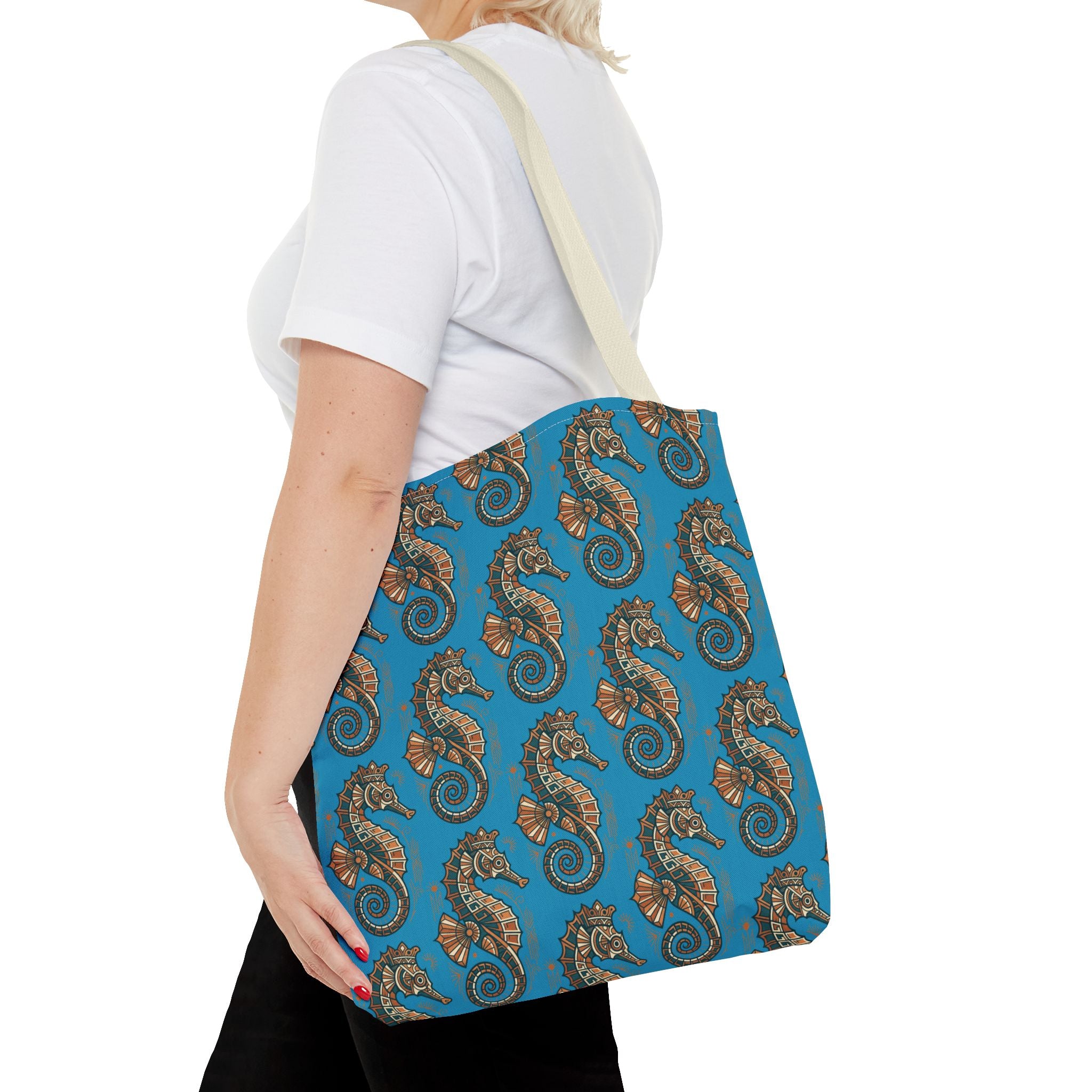 Blue tote bag with steampunk seahorse pattern and beige shoulder straps