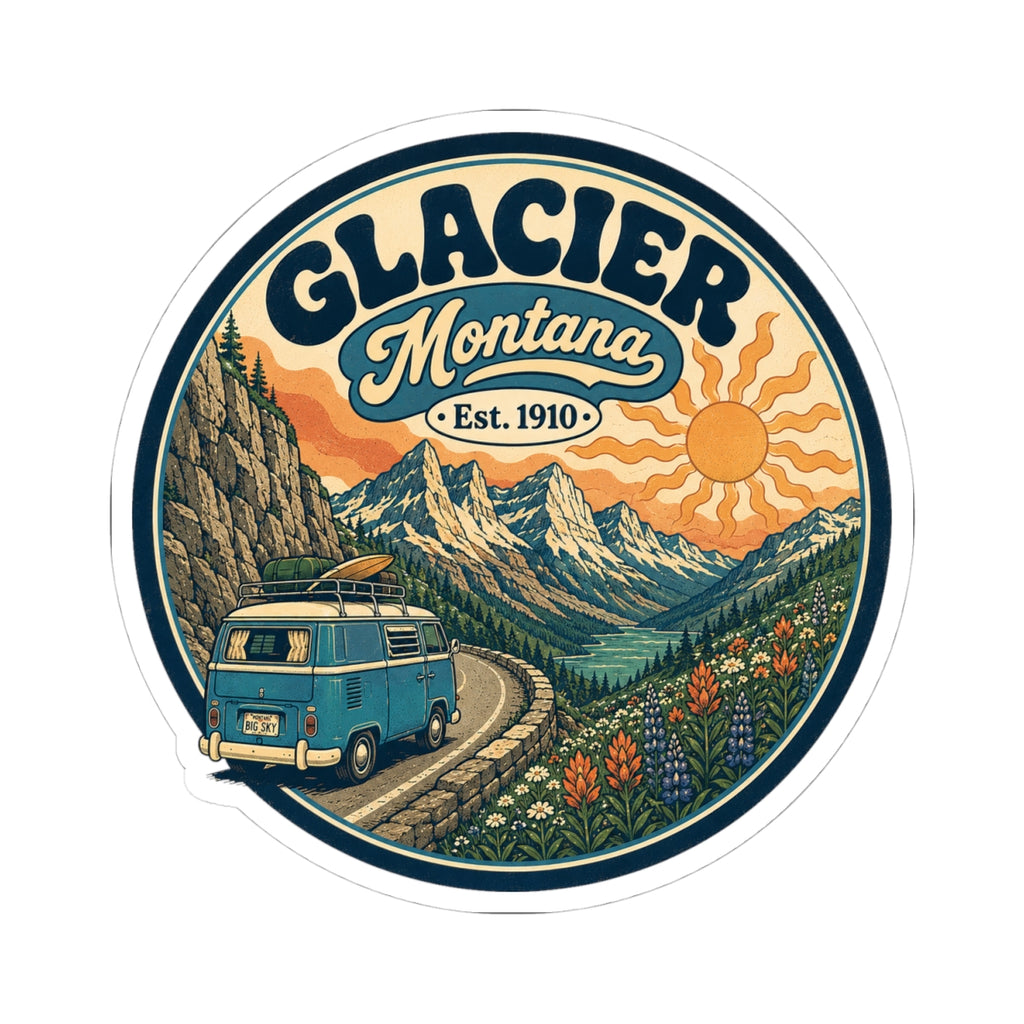 Round kiss-cut sticker showing Glacier Montana emblem with teal camper van on a winding road