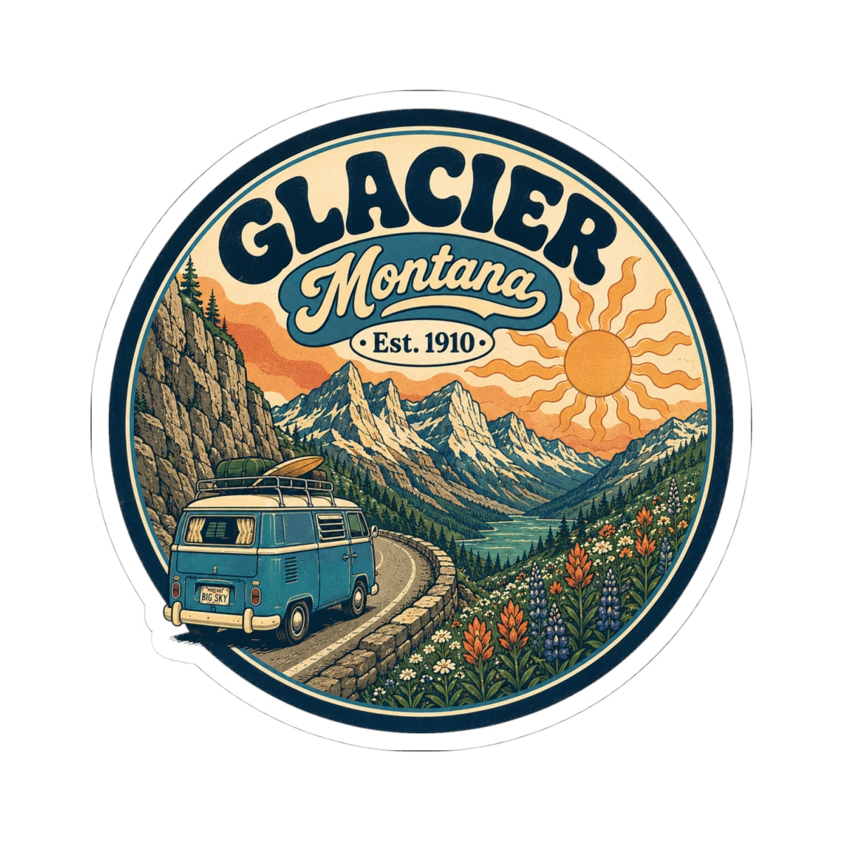 Round kiss-cut sticker showing Glacier Montana emblem with teal camper van on a winding road