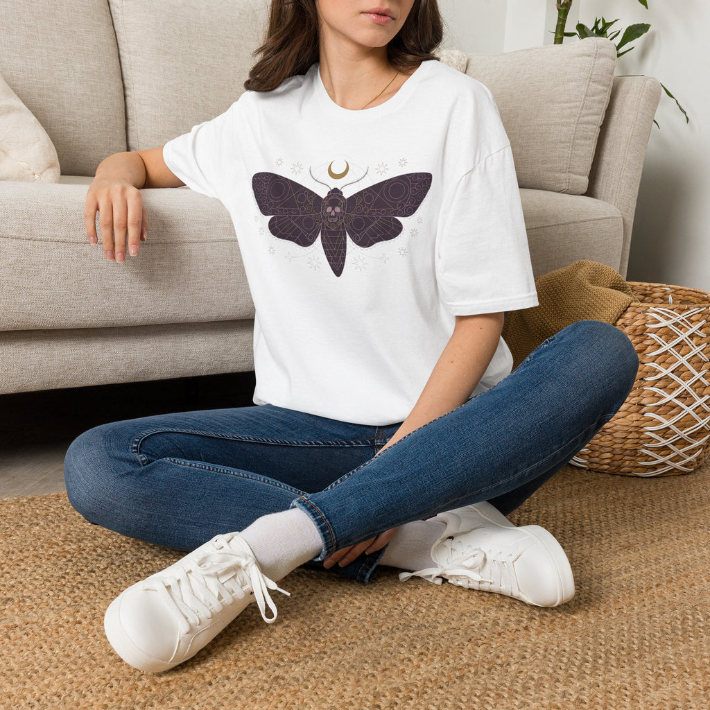 White moth graphic T-shirt with skull-style moth wings and crescent moon print
