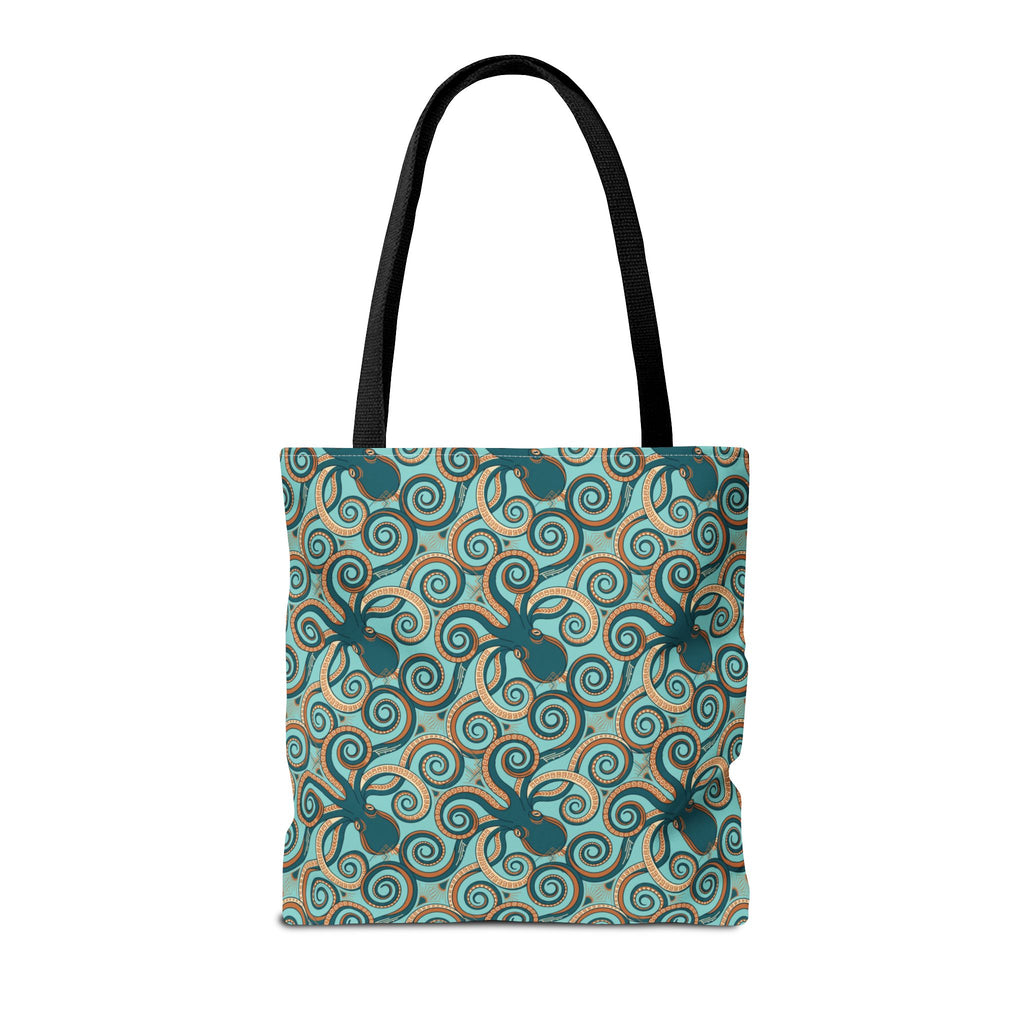 Octopus swirl tote bag with teal all-over print, black handles