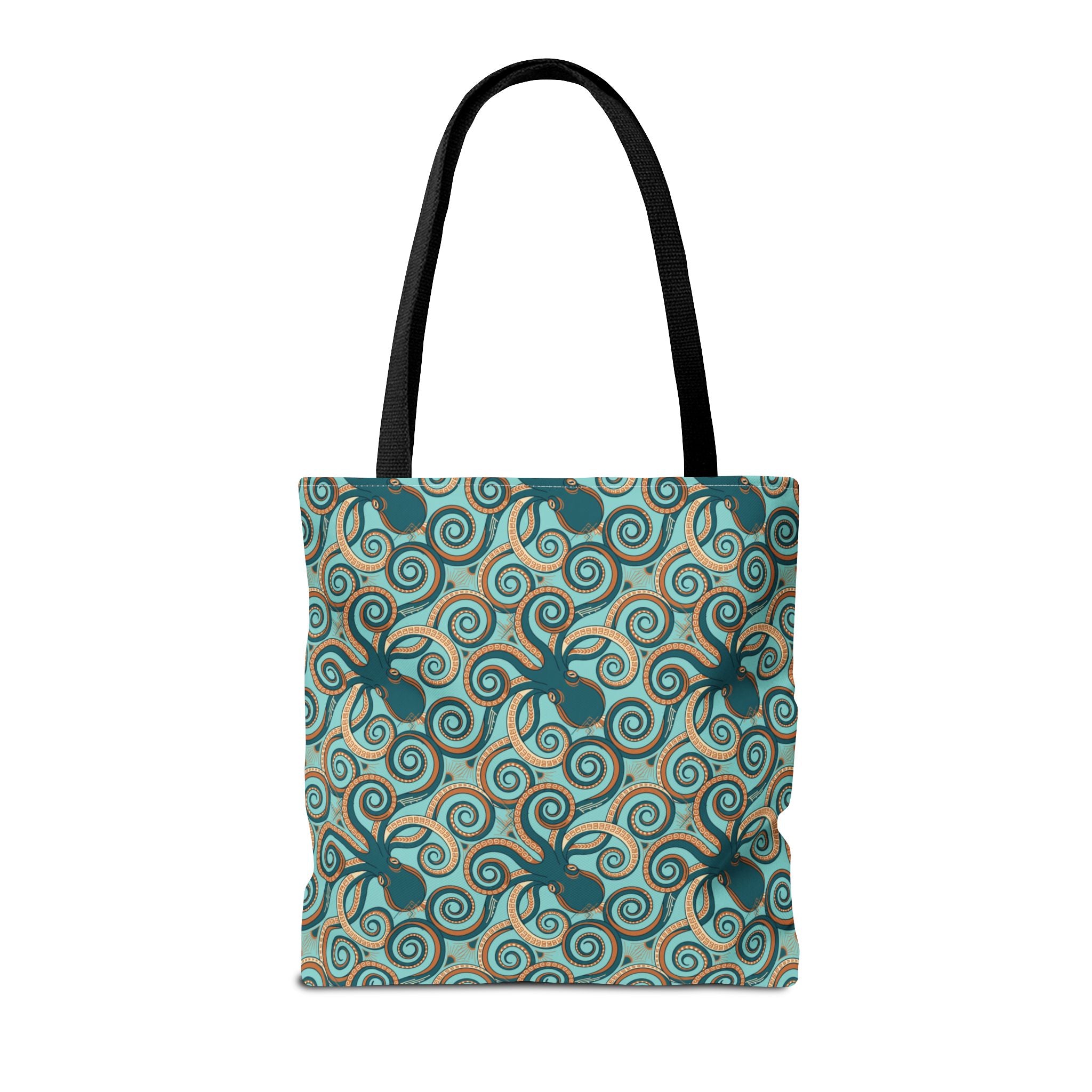Octopus swirl tote bag with teal all-over print, black handles