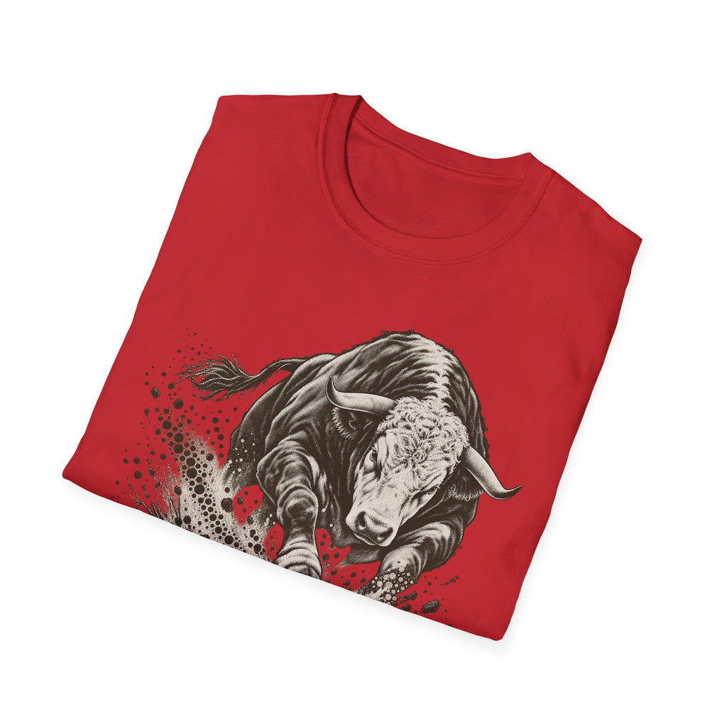 Red short-sleeve T-shirt with charging bull graphic and paint splatter