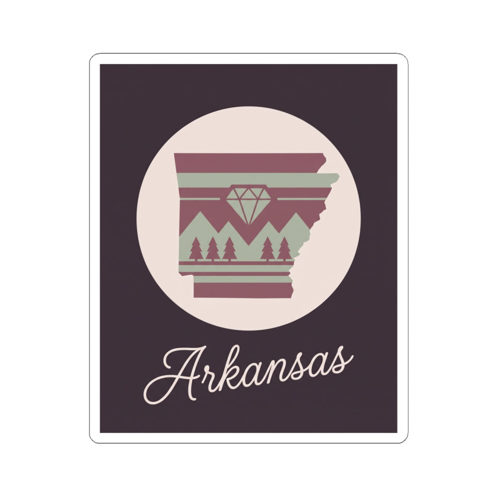 Arkansas state silhouette kiss-cut vinyl sticker, circular badge with maroon 'Arkansas' lettering