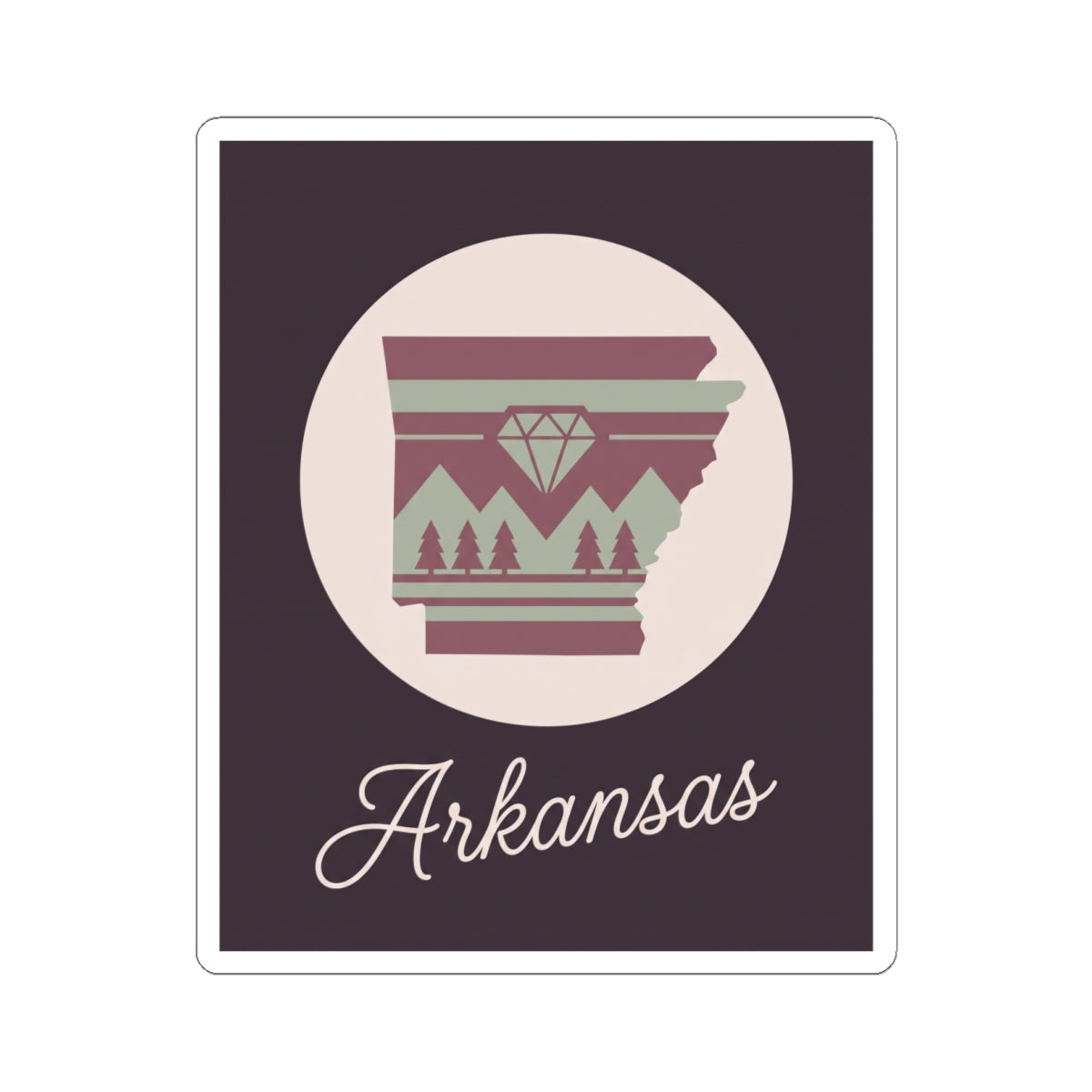 Arkansas state silhouette kiss-cut vinyl sticker, circular badge with maroon 'Arkansas' lettering