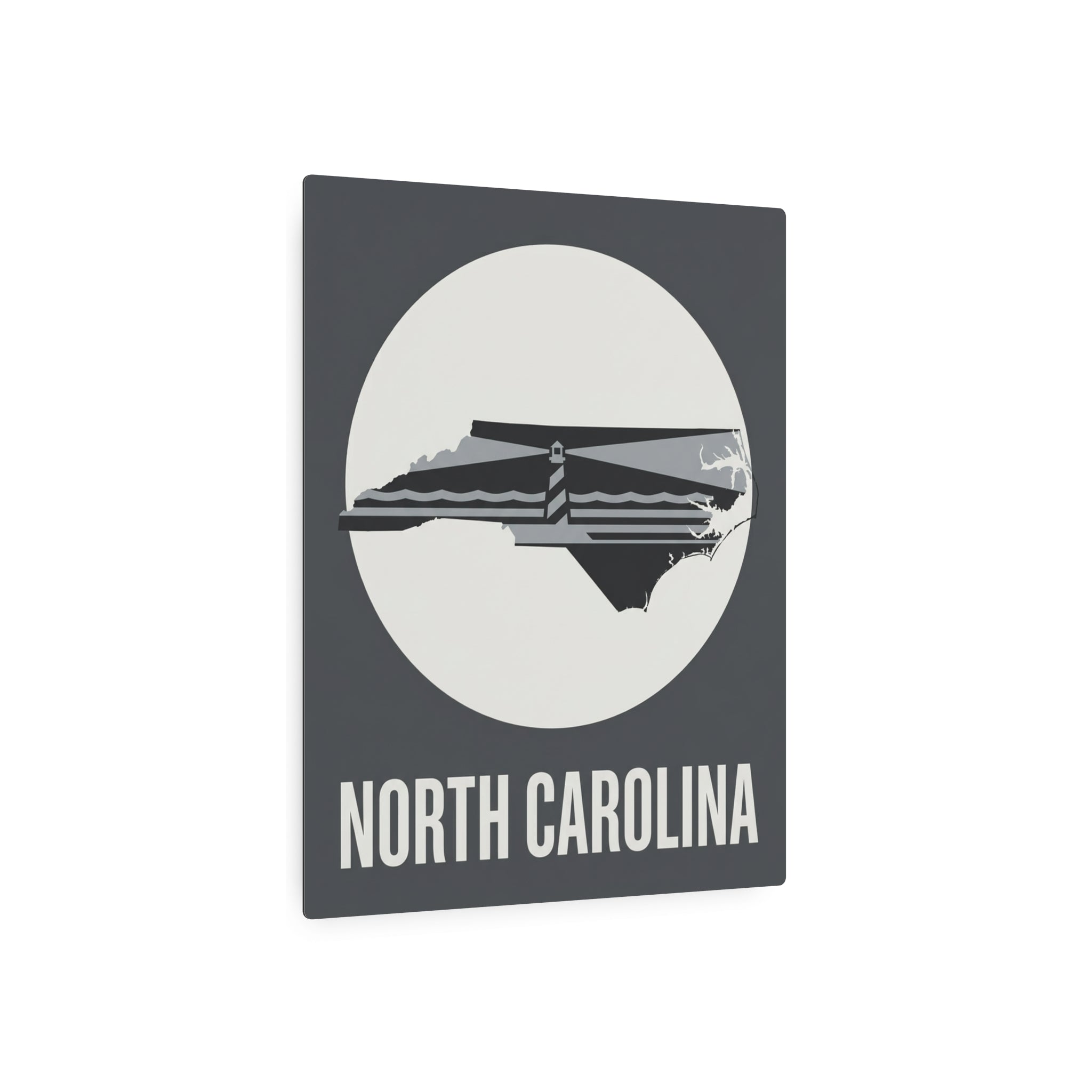 Square dark gray metal sign with North Carolina lighthouse graphic and “NORTH CAROLINA”