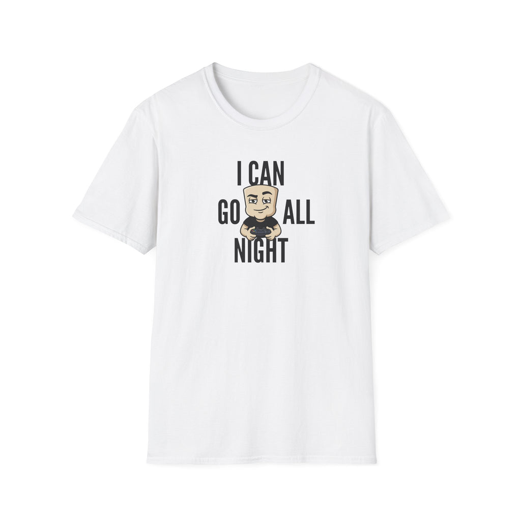 White T-shirt with “I CAN GO ALL NIGHT” gaming graphic centered on front