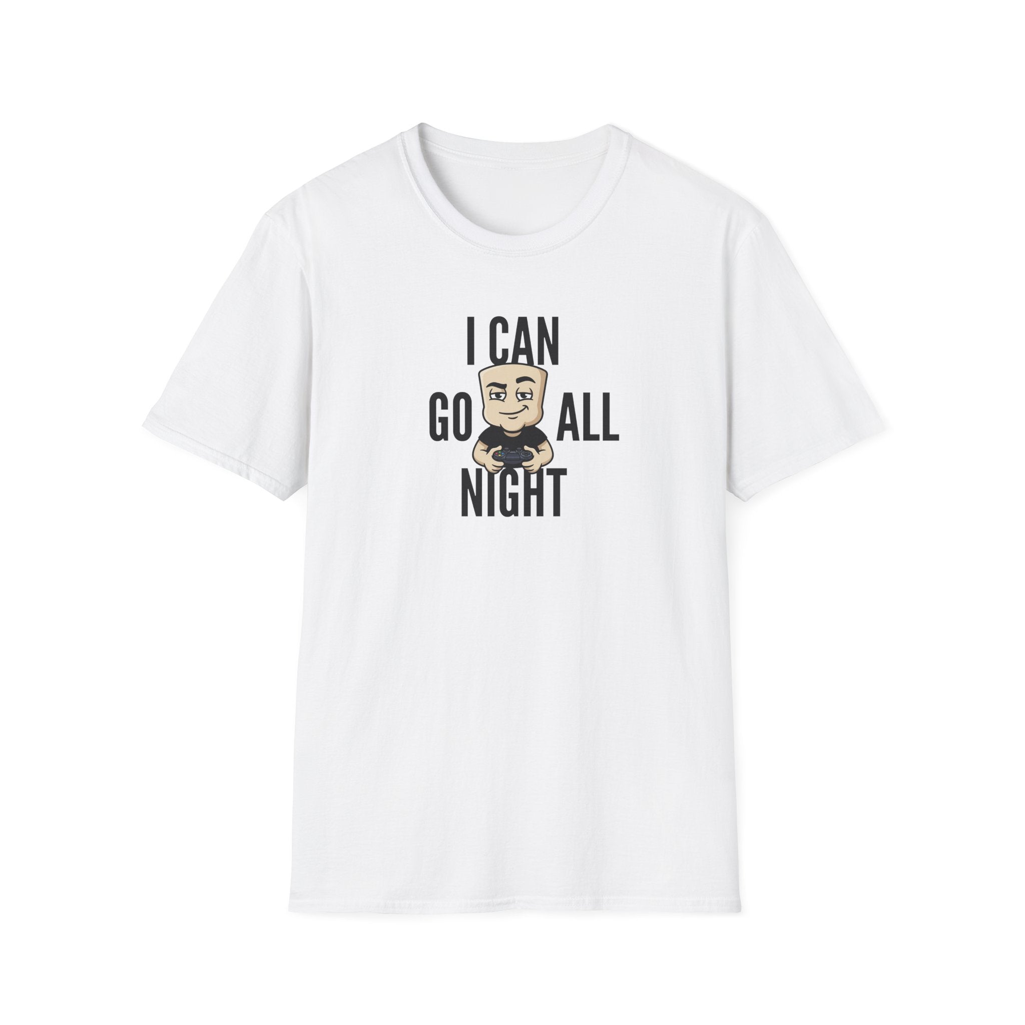 White T-shirt with “I CAN GO ALL NIGHT” gaming graphic centered on front