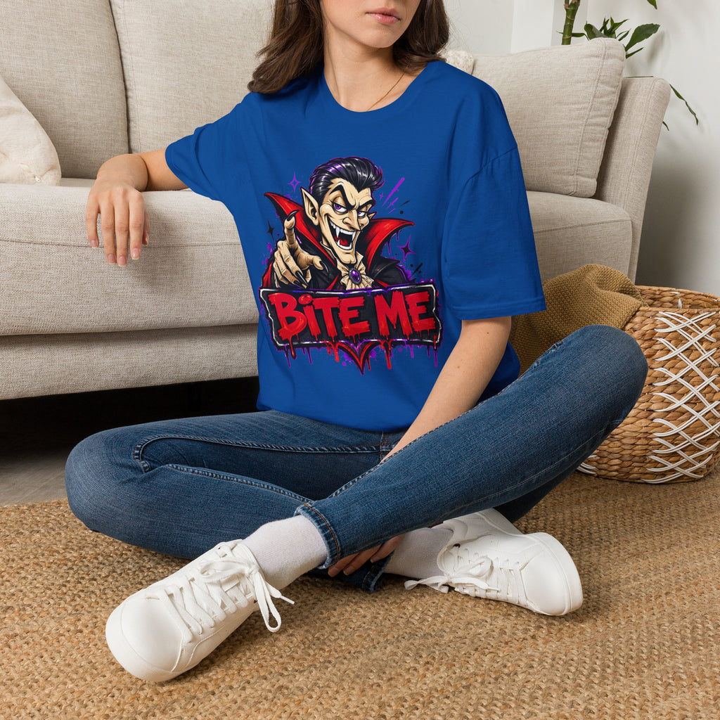 Royal blue T-shirt with vampire graphic and “BITE ME” text, worn by a person