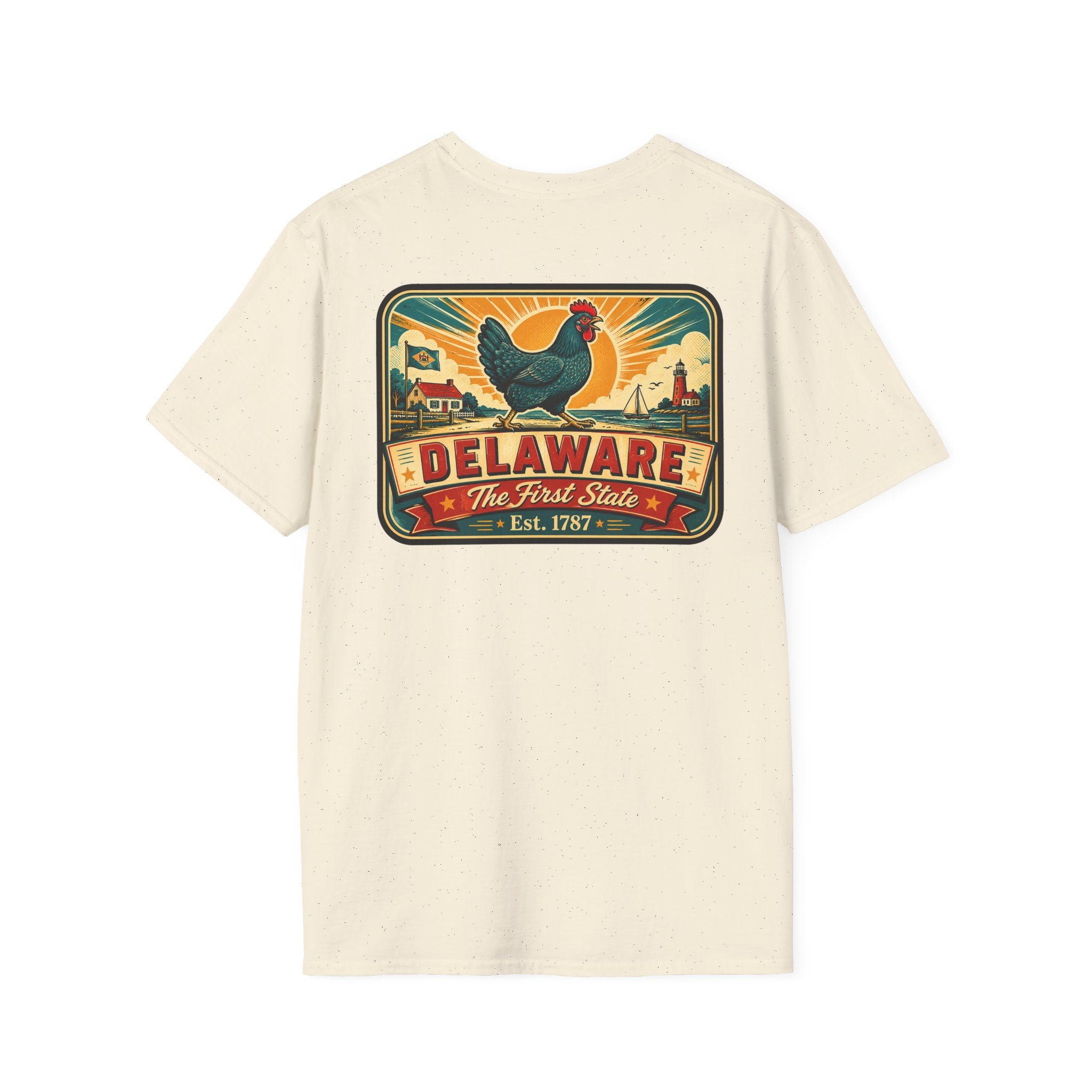 Cream Delaware travel badge T-shirt with colorful hen and “Delaware” front graphic