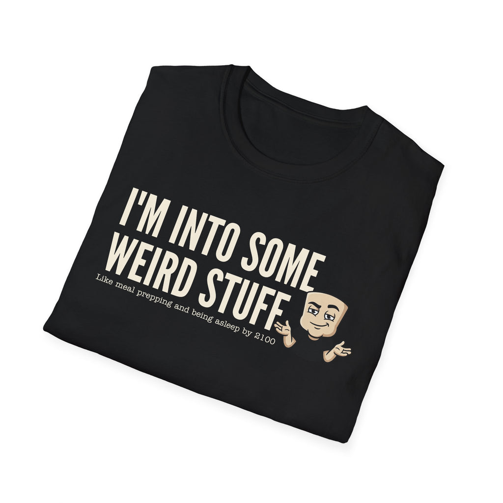 Black T-shirt with 'I'm into some weird stuff' front graphic and cartoon character