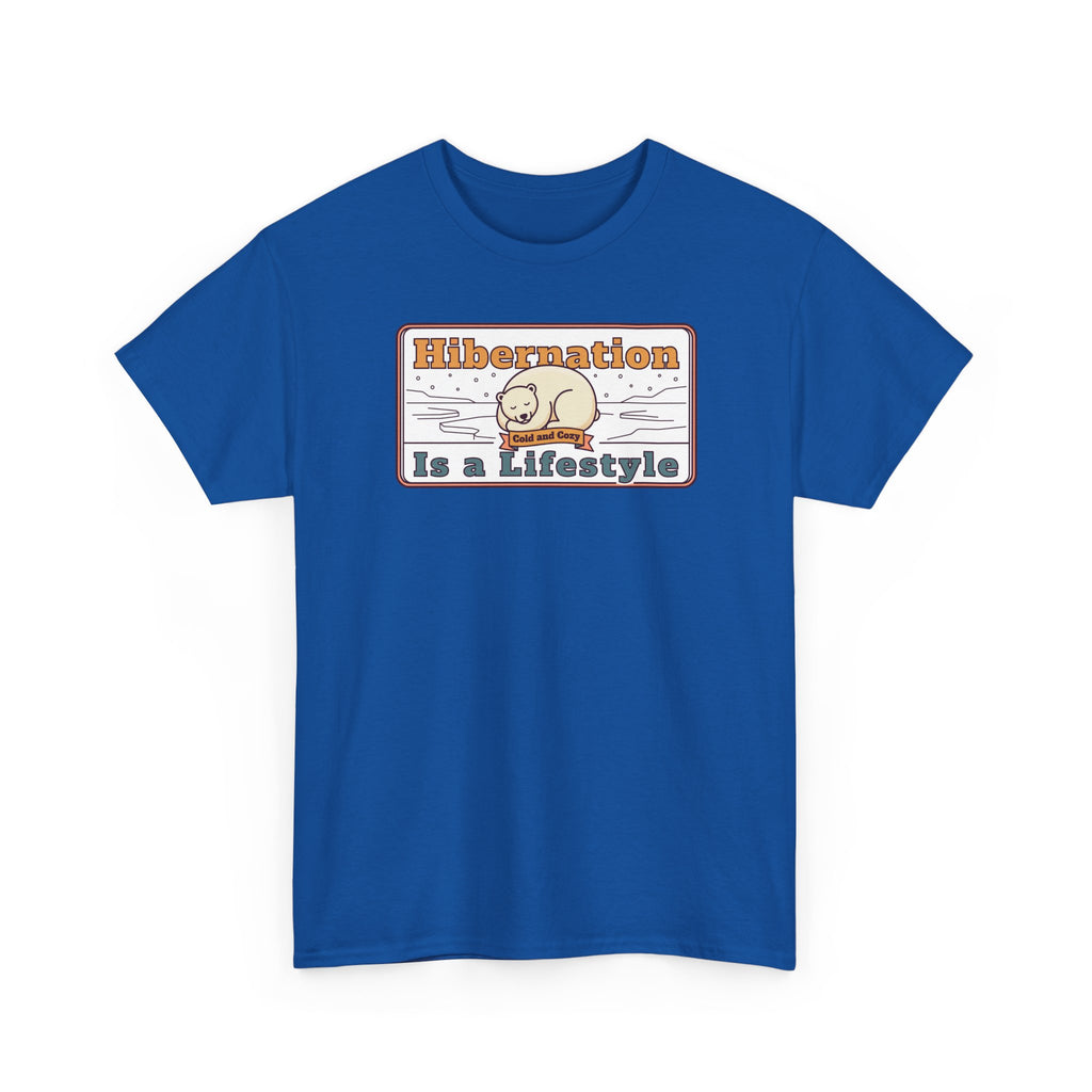 Royal blue crew-neck T-shirt with Hibernation text graphic