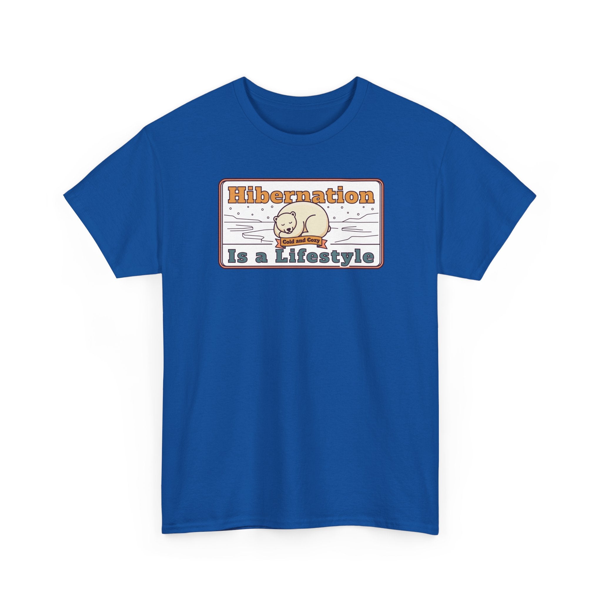 Royal blue crew-neck T-shirt with Hibernation text graphic