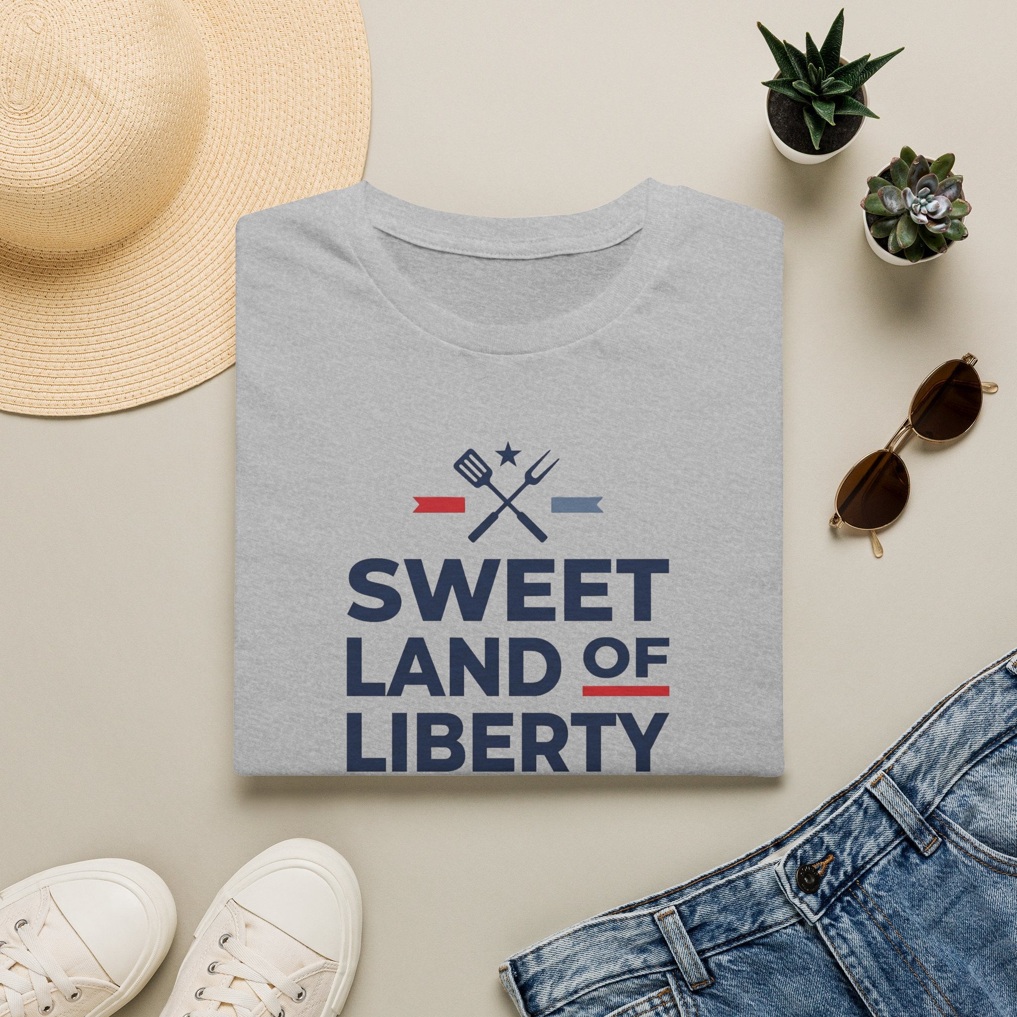 Grey BBQ T-shirt with 'Sweet Land of Liberty' graphic and crossed grill tools