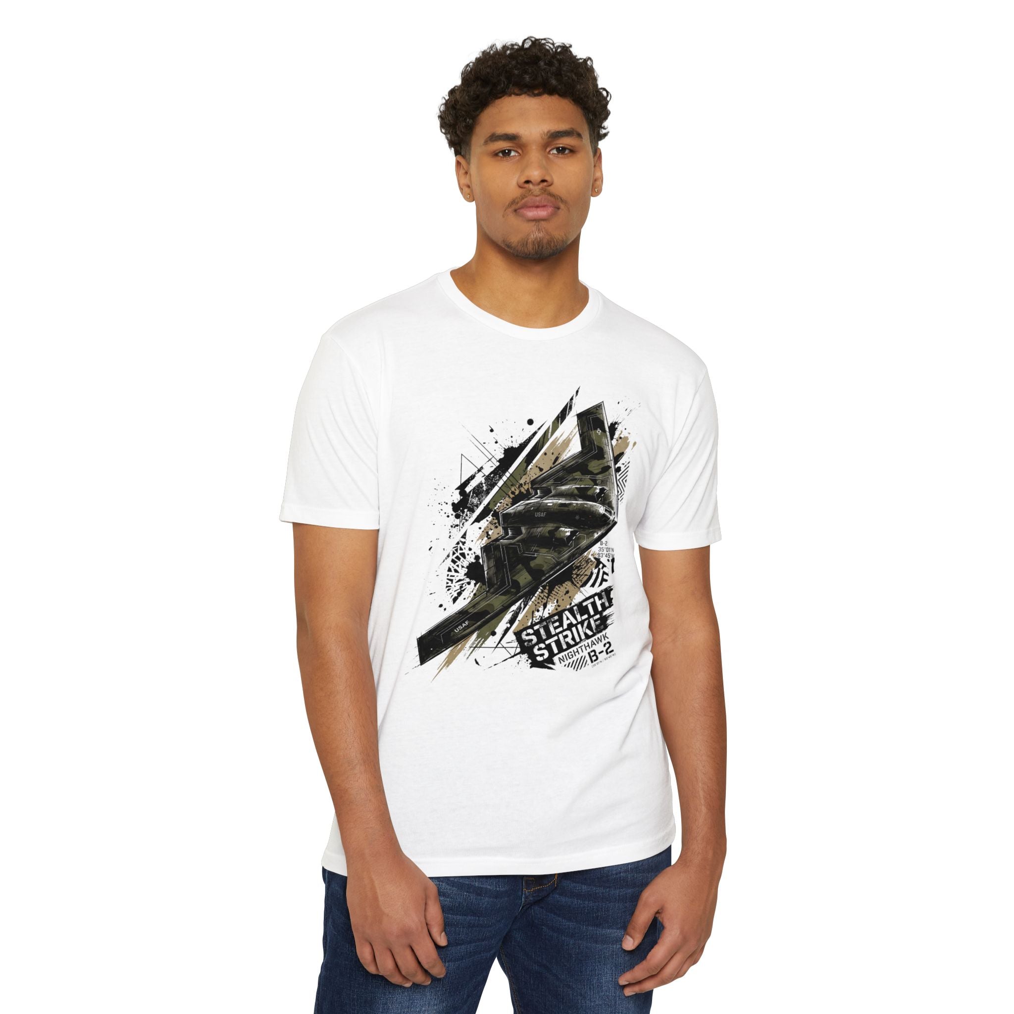 White crew-neck T-shirt with B-2 bomber graphic on chest.