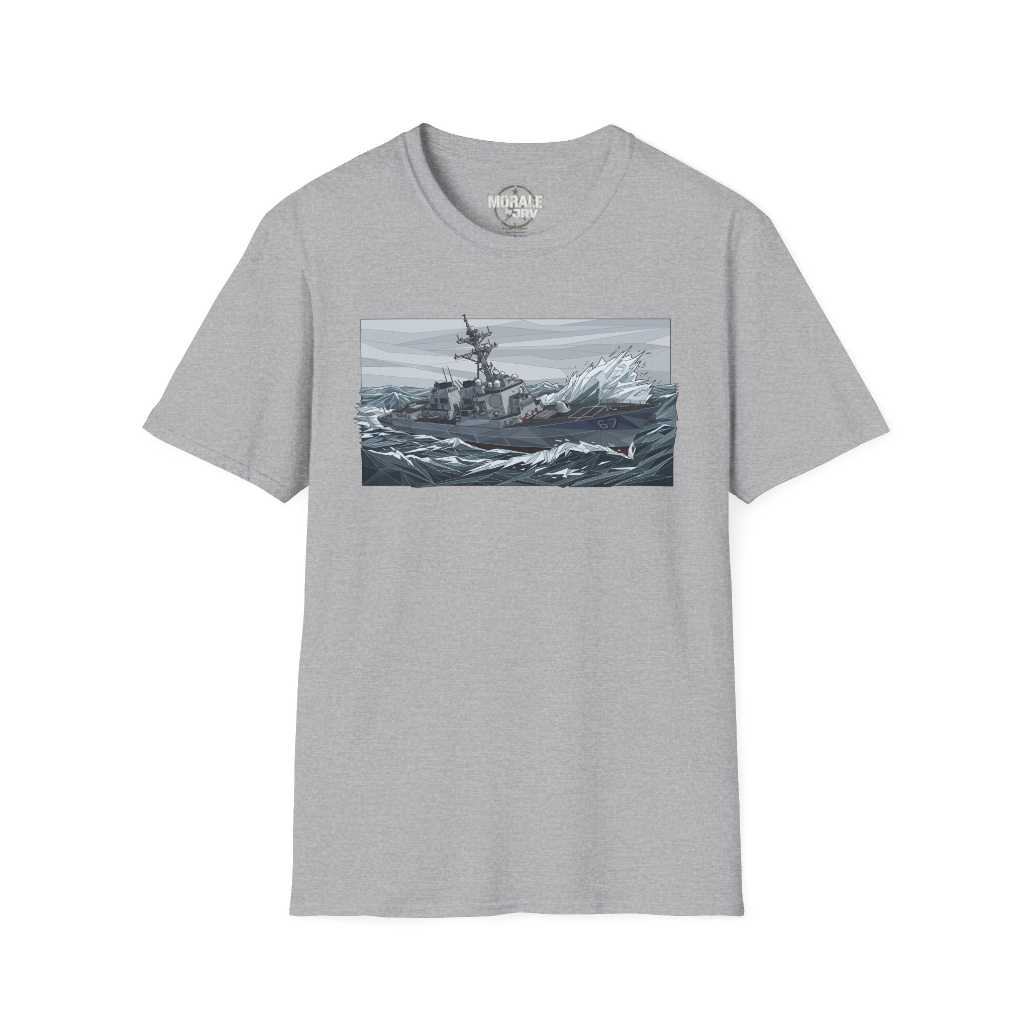 Heather grey T-shirt with stormy seas battleship artwork on the front