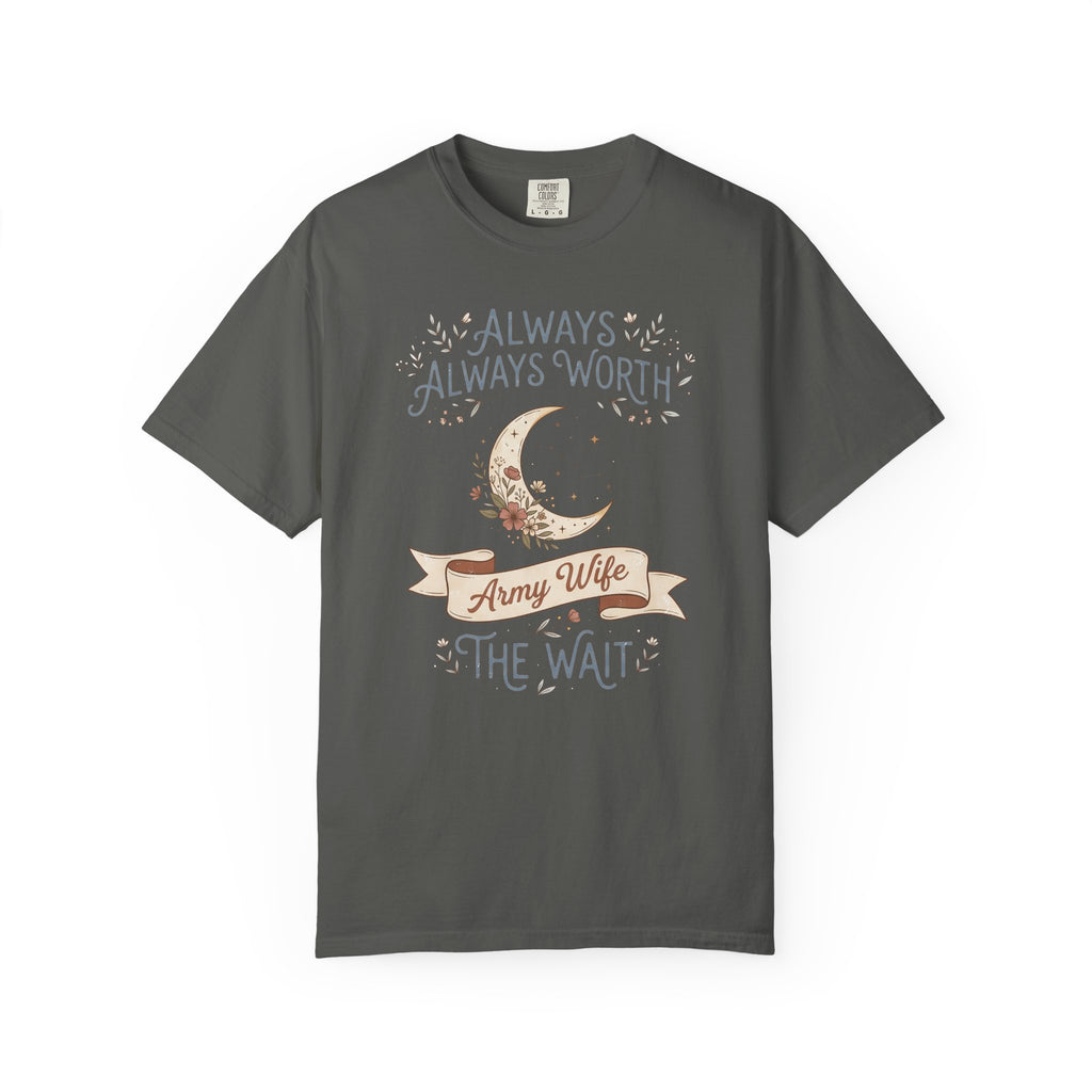 Charcoal crewneck T-shirt with moon and “Always Worth the Wait” graphic