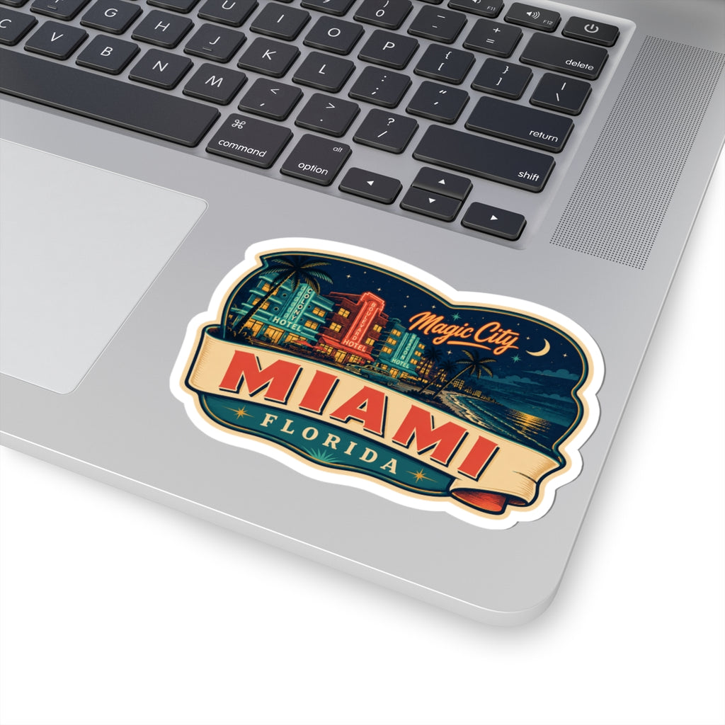 Miami luggage tag sticker on laptop, blue night scene with "Magic City" and "MIAMI"