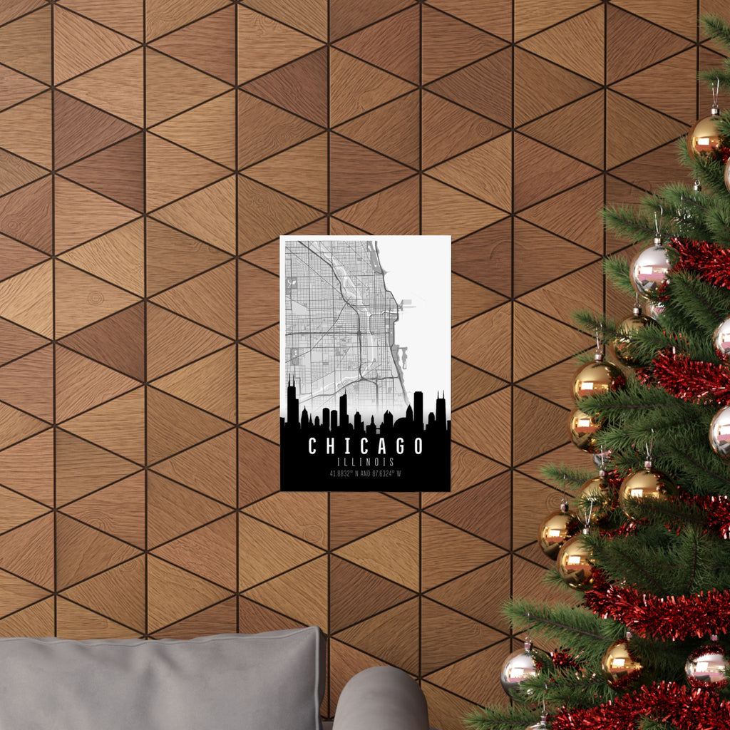 Chicago Poster an der Wand: Stadtkarte mit Skyline-Silhouette, „CHICAGO“ und Koordinaten