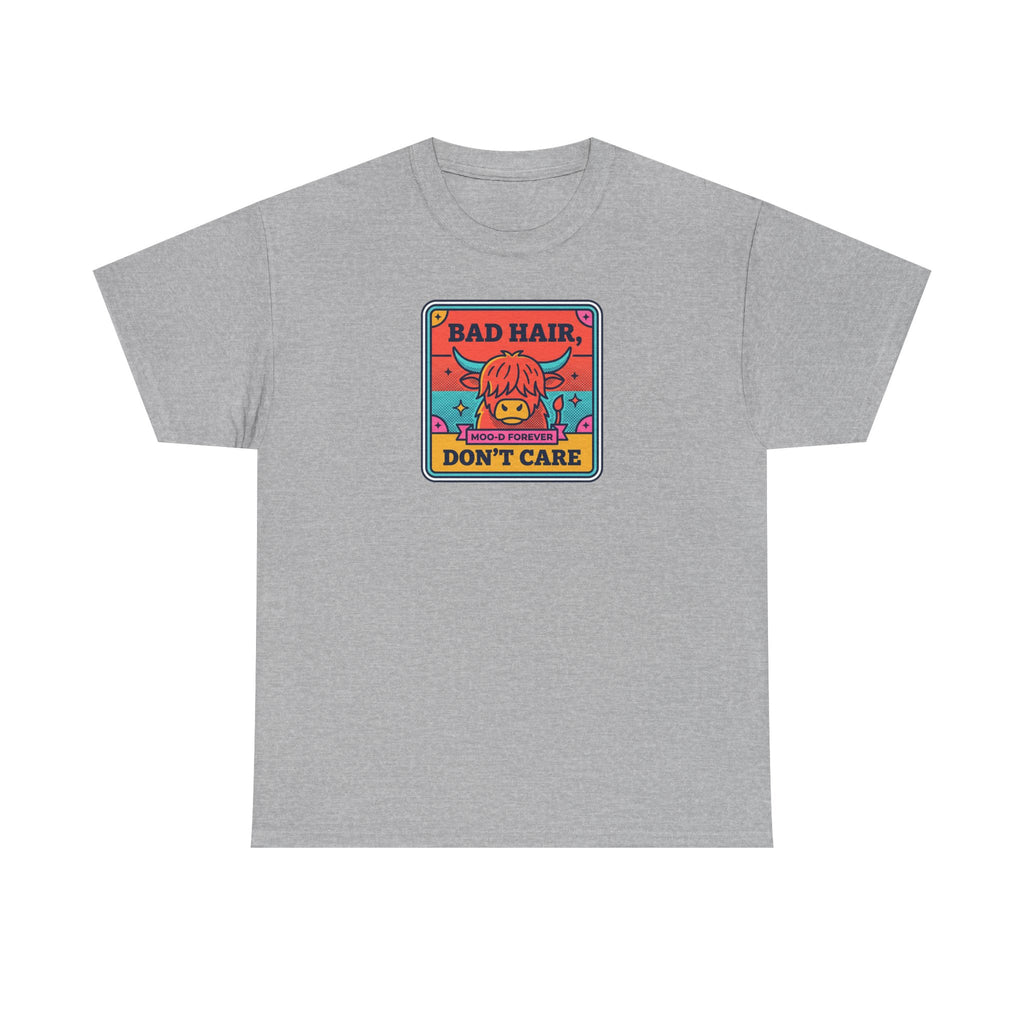 Gray t-shirt with square cow graphic reading “Bad Hair Don’t Care”.