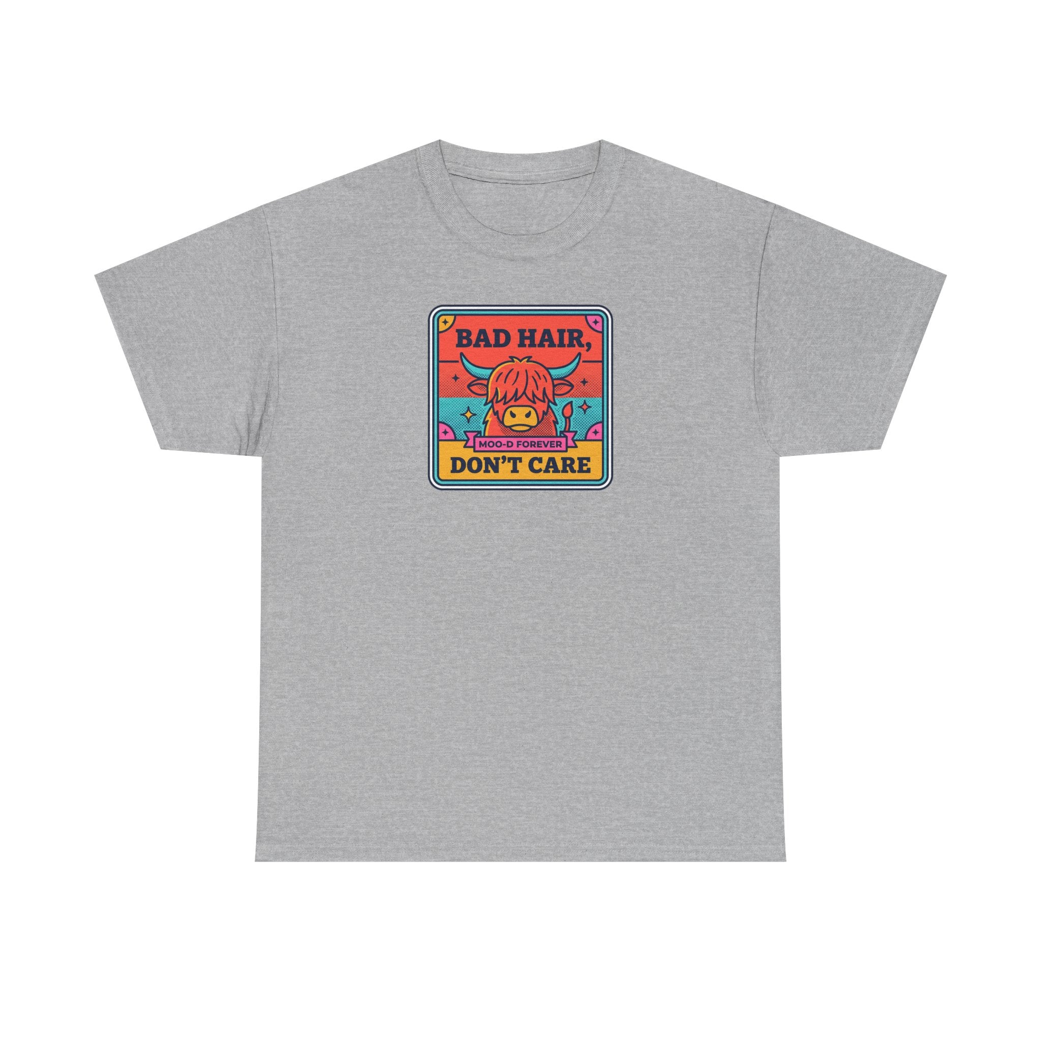 Gray t-shirt with square cow graphic reading “Bad Hair Don’t Care”.