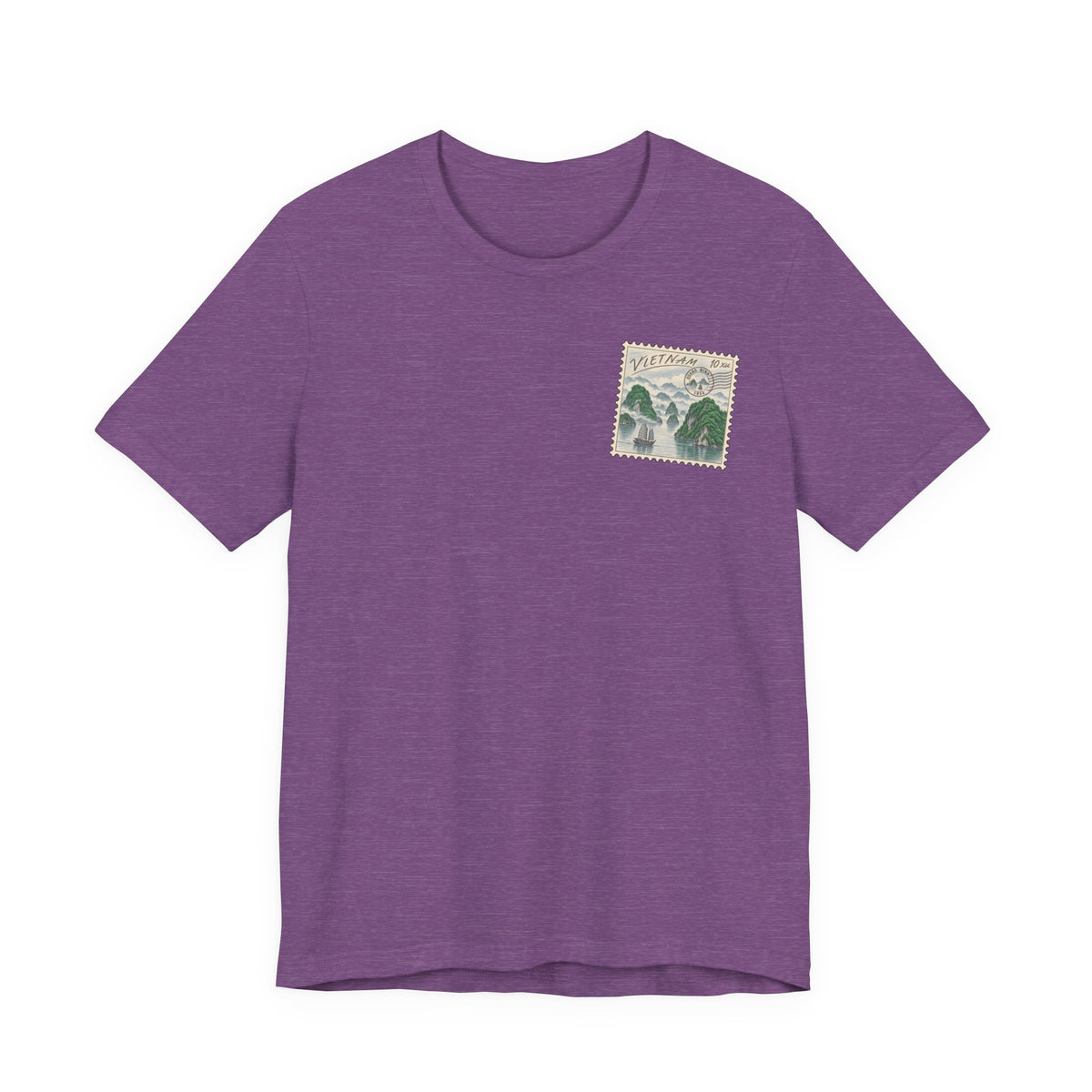 Heather purple travel t-shirt with small vintage postage stamp-style Ha Long Bay graphic on chest.