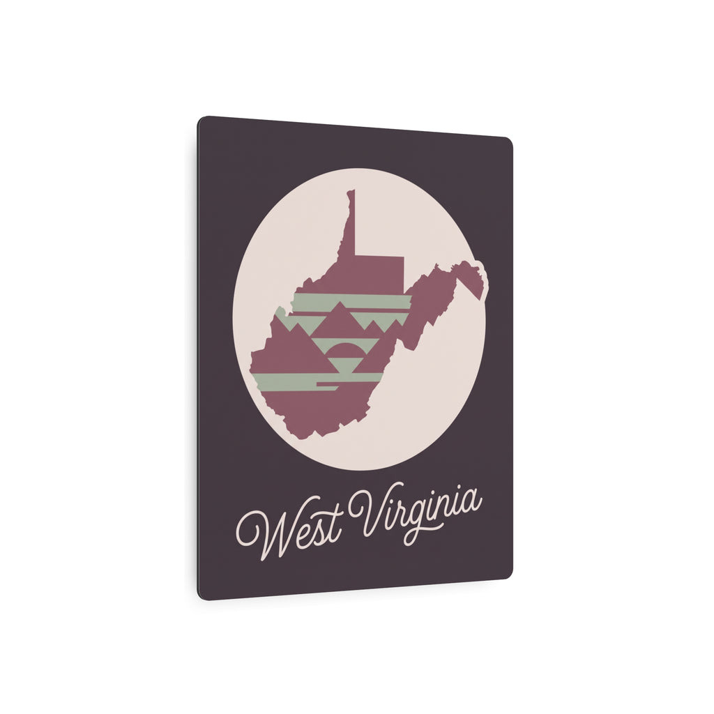 Mauve metal wall art sign with circular West Virginia silhouette and 'West Virginia' script