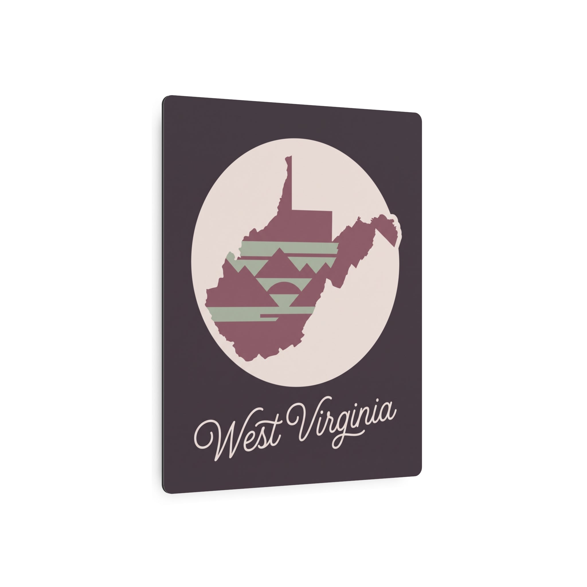 Mauve metal wall art sign with circular West Virginia silhouette and 'West Virginia' script