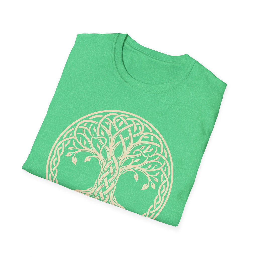 Bright green T-shirt with Celtic tree of life knotwork circle graphic