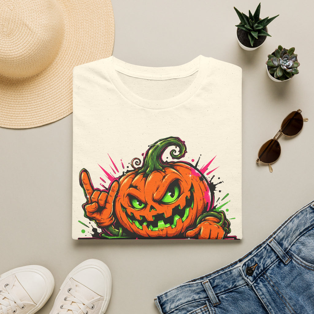 White short-sleeve T-shirt with colorful spooky jack-o-lantern graphic on chest