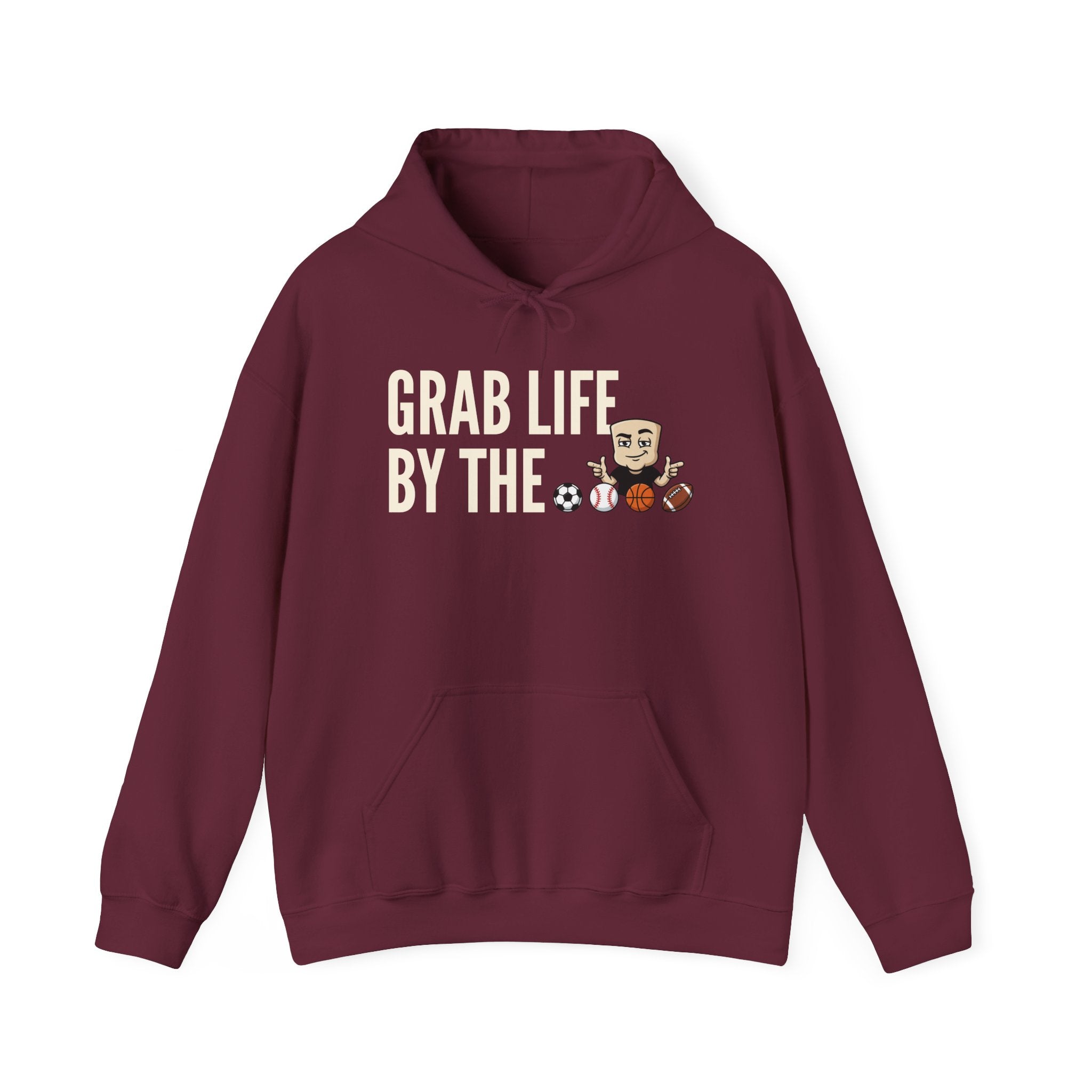 Burgundy hoodie with front pocket and drawstring; "GRAB LIFE BY THE" sports graphic