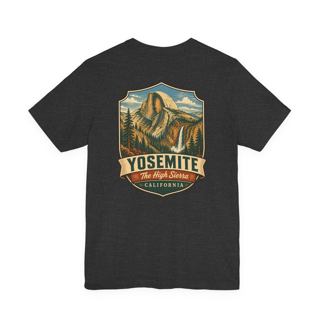 Charcoal T-shirt with large Yosemite High Sierra mountain graphic and California text