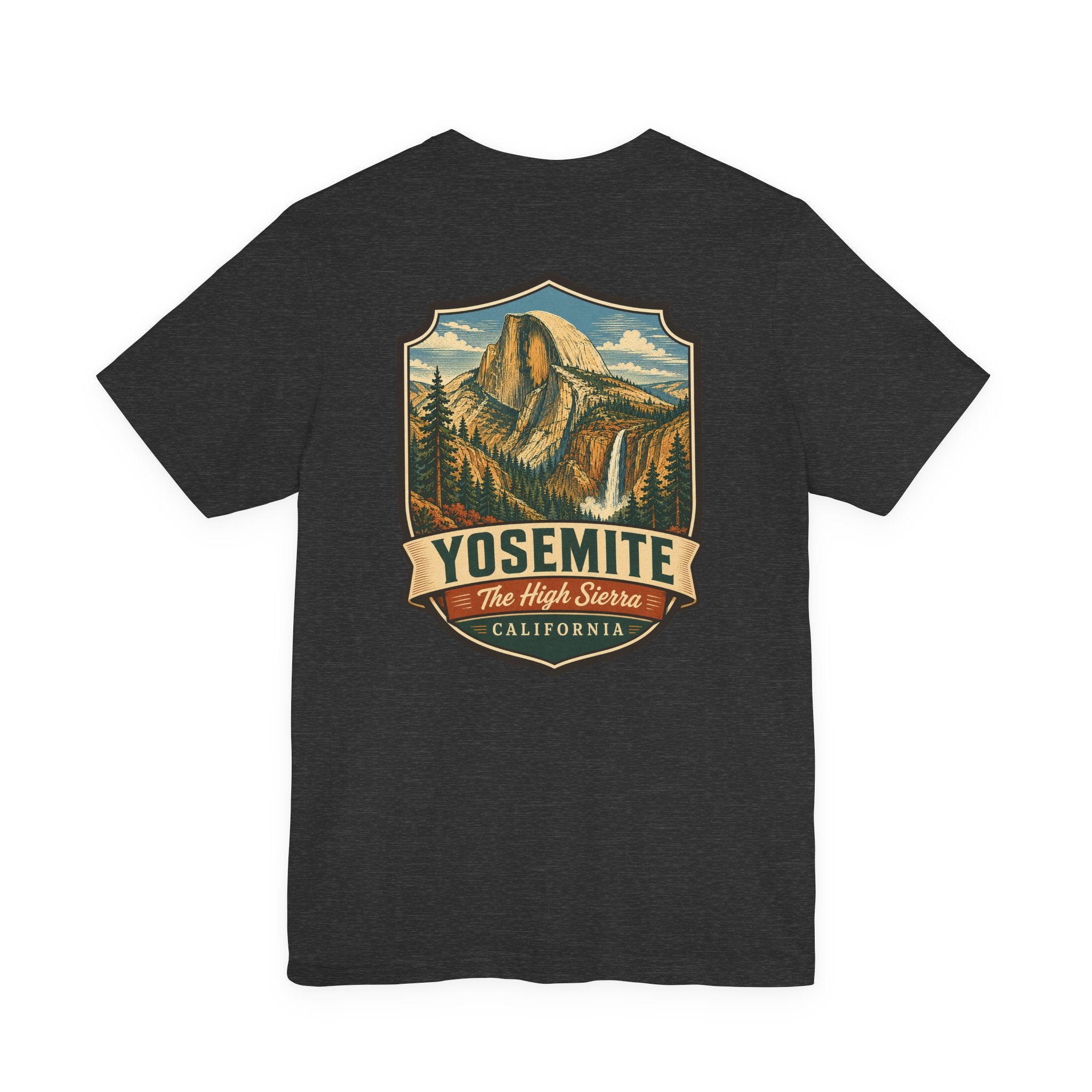 Charcoal T-shirt with large Yosemite High Sierra mountain graphic and California text