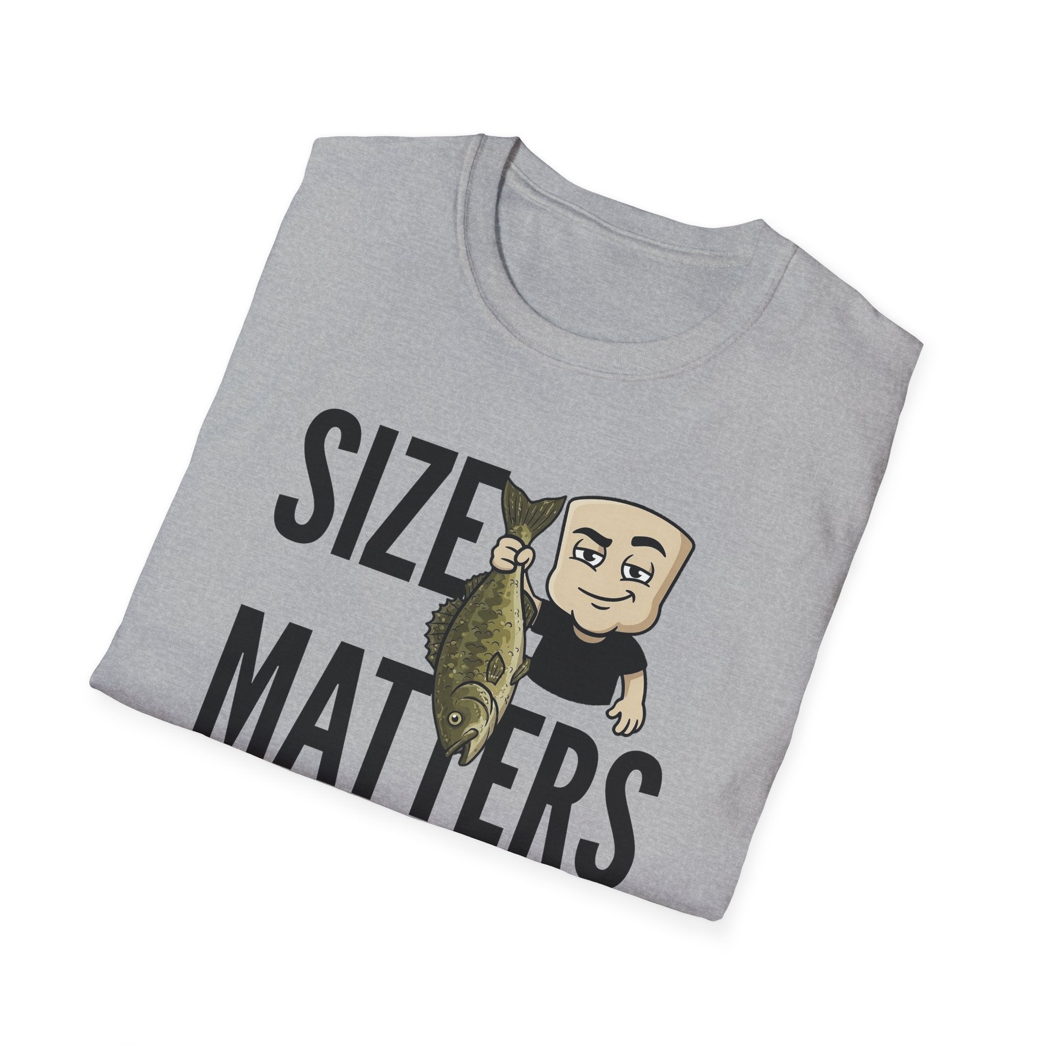 Sport grey T-shirt with “SIZE MATTERS” graphic of a man holding a fish