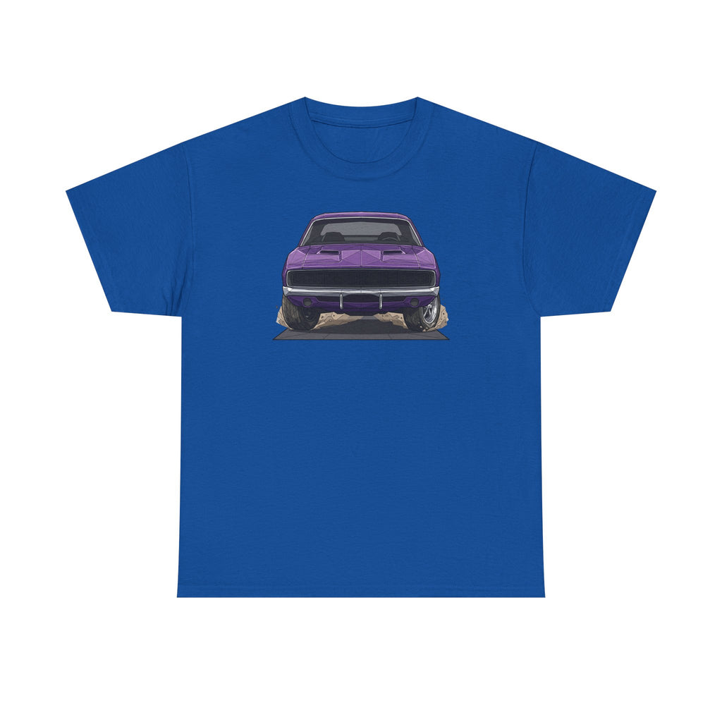 Royal blue T-shirt with purple retro muscle car graphic on the front