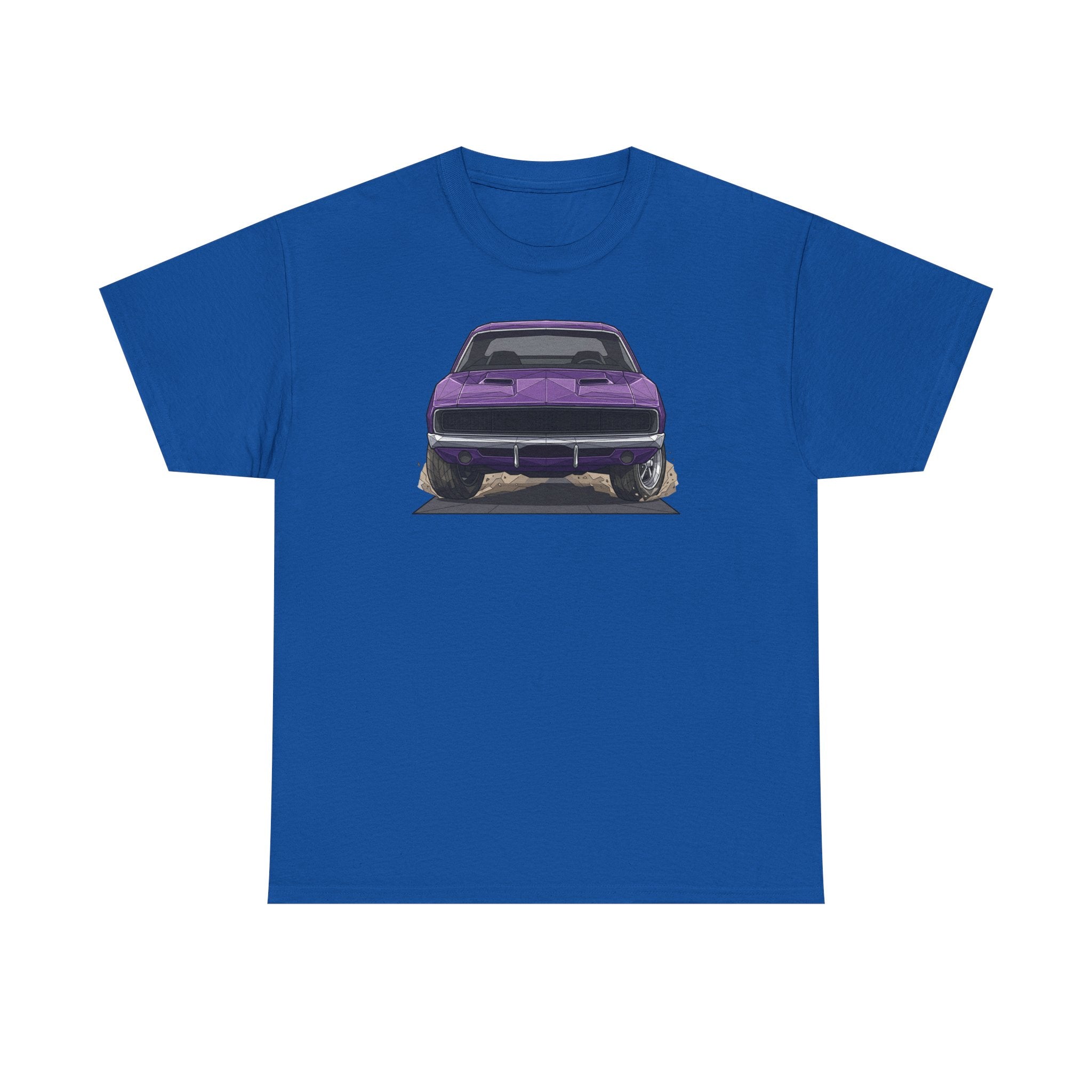 Royal blue T-shirt with purple retro muscle car graphic on the front