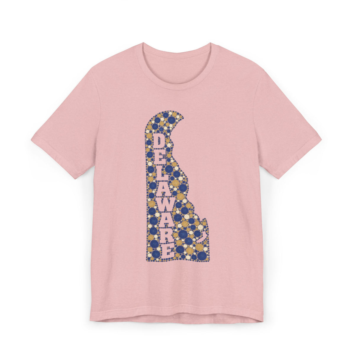 Pink T-shirt with blue-and-gold Delaware map alphabet graphic on the front