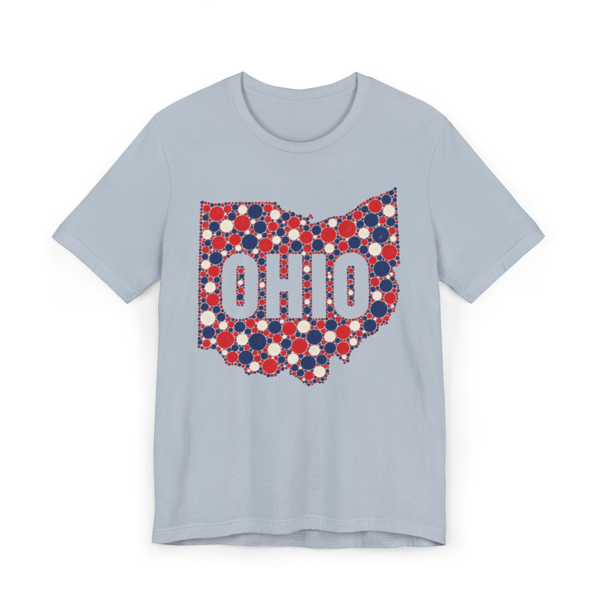 Light blue T-shirt with dotted polka graphic OHIO in red, white, and blue